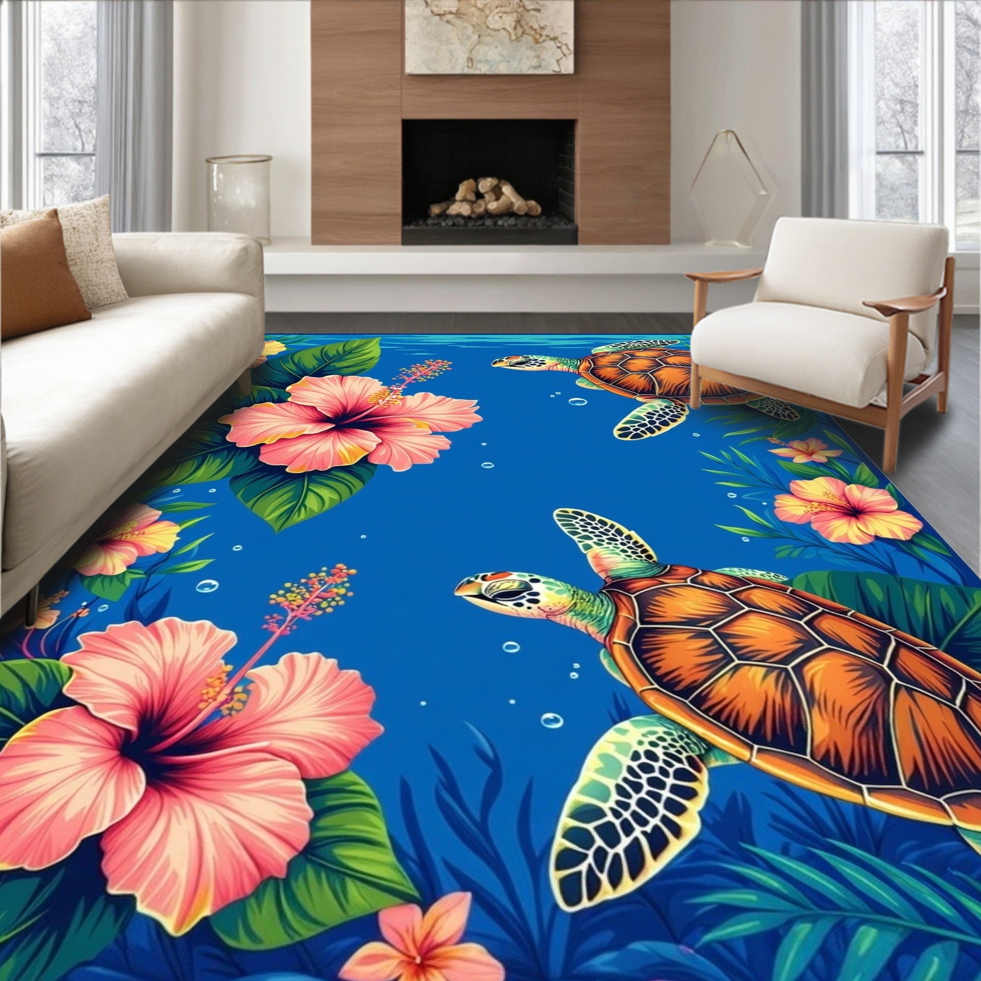 Tropical Sea Turtle Floral Design Rug