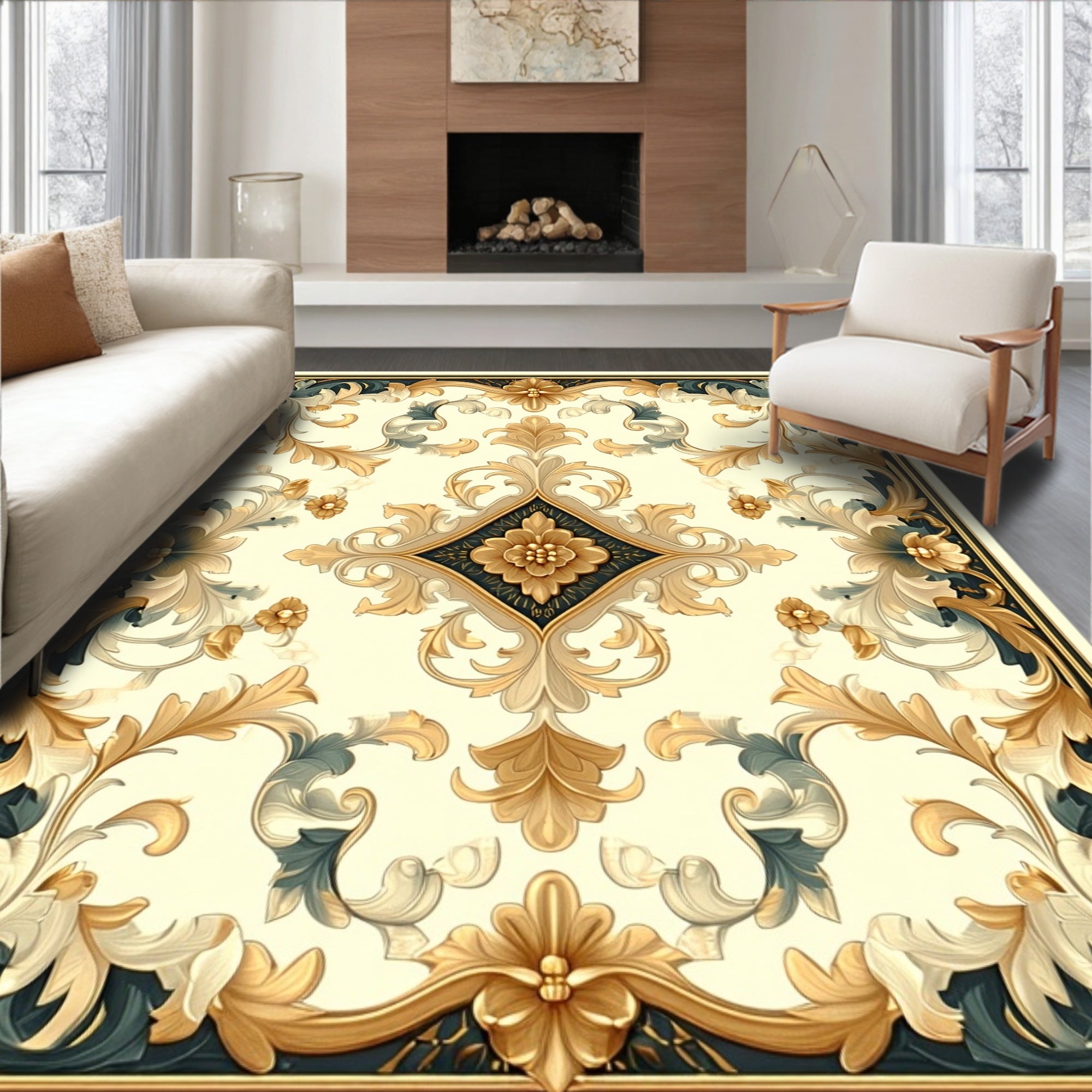 Gold And Blue Floral Medallion Design Rug