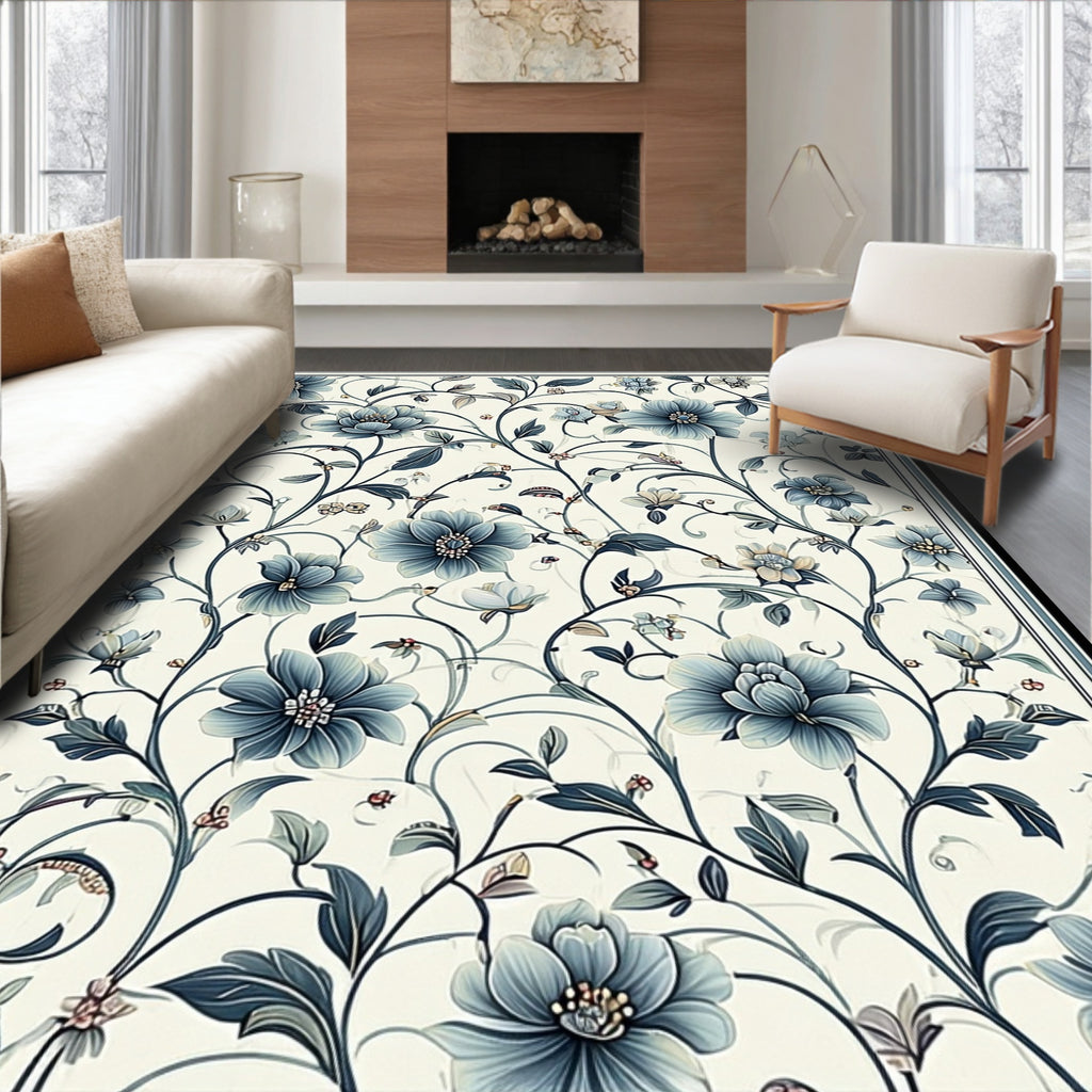 Classic Blue Floral Vine Pattern Rug