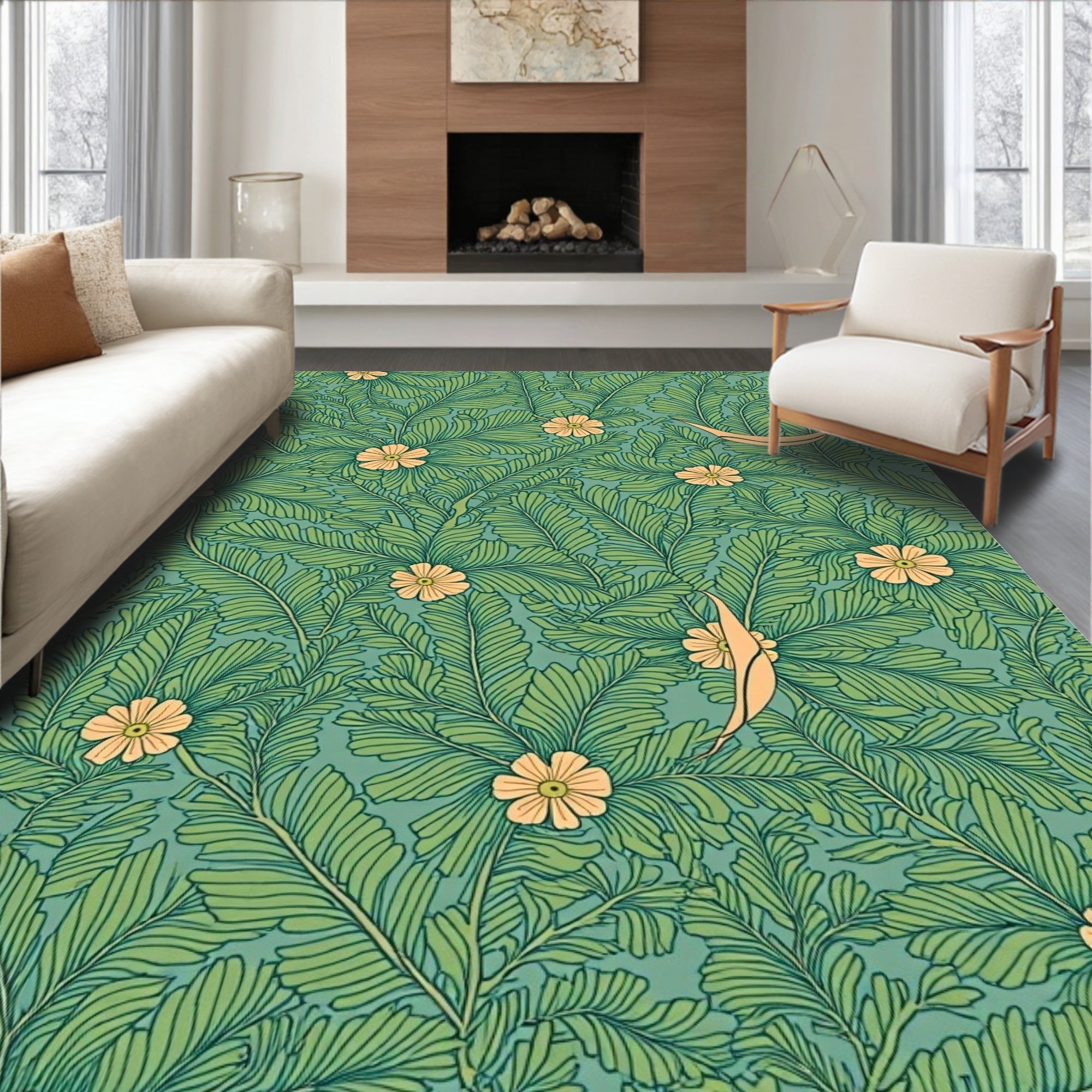 Tropical Leaf and Flower Pattern Rug