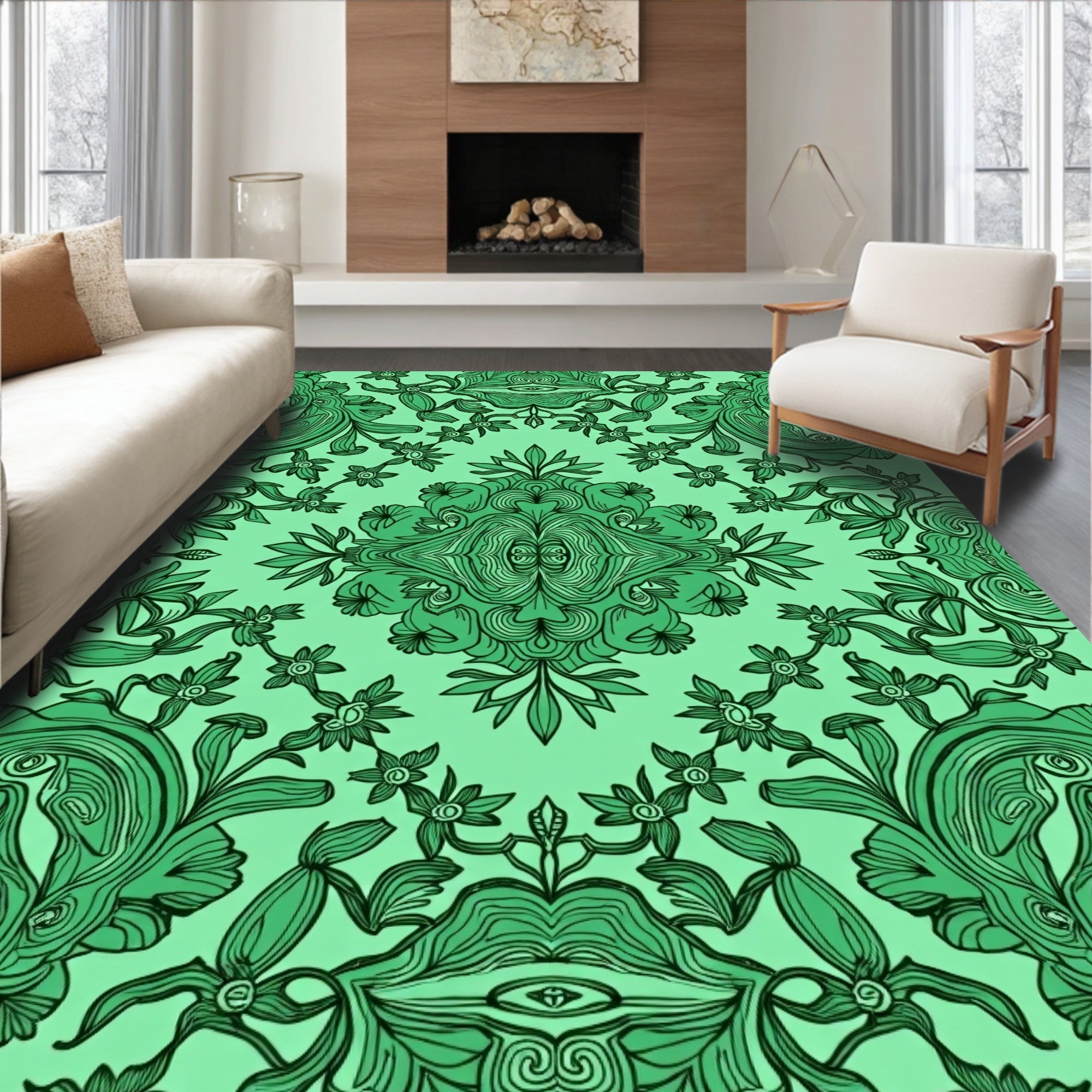 Emerald Green Detailed Floral Medallion Rug