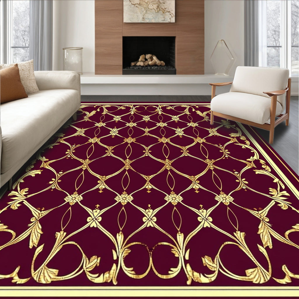 Rich Burgundy Gold Scrollwork Pattern Rug