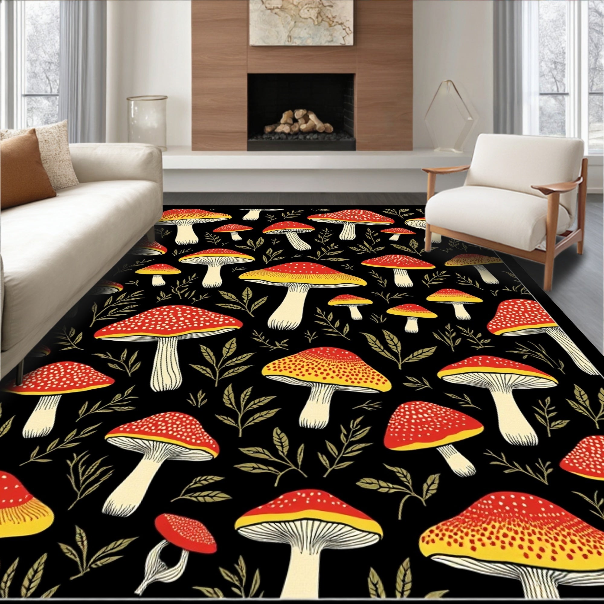 Red Yellow Mushroom Pattern Rug