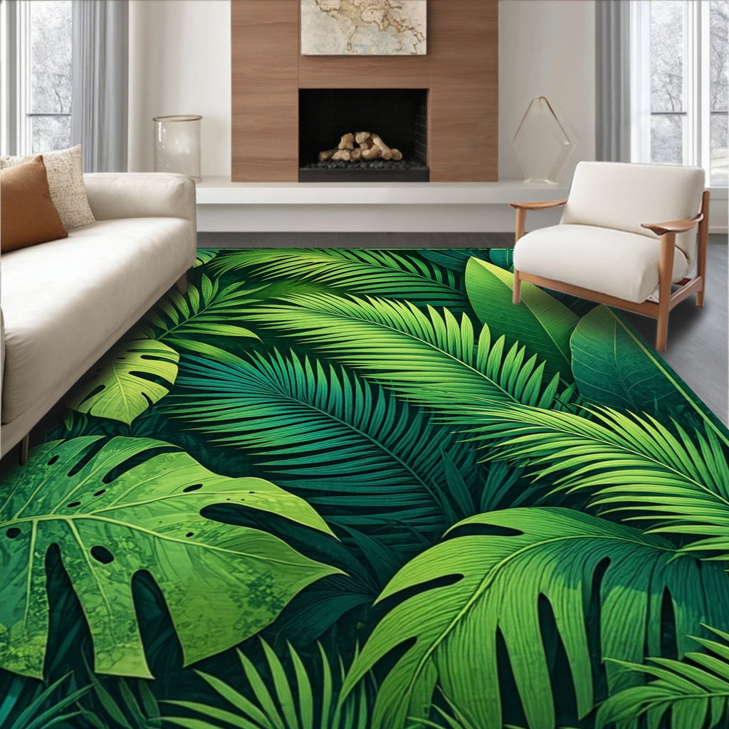 Lush Green Tropical Palm Leaf Pattern Rug