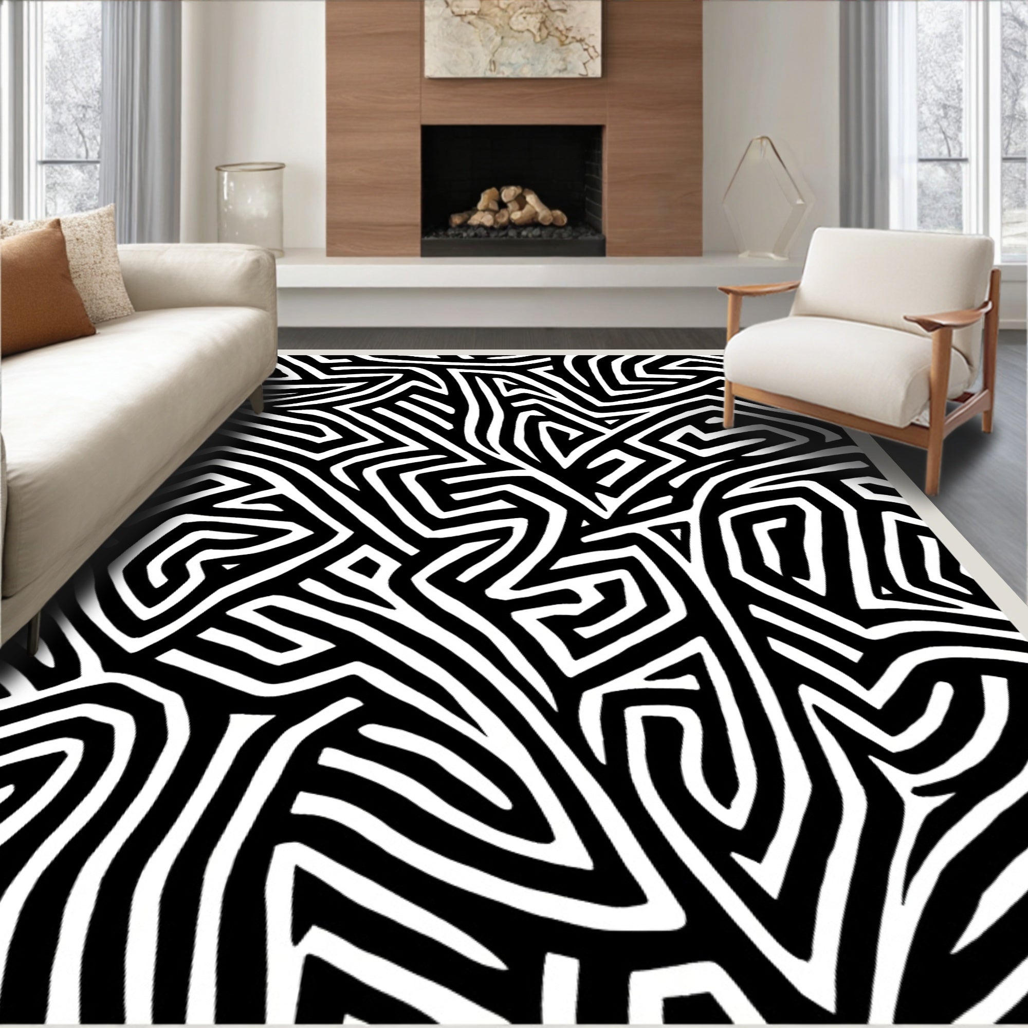 Abstract Black White Maze Pattern Rug