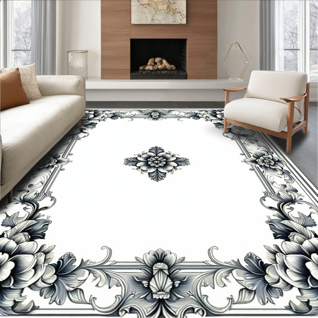 Ornate Floral Scrollwork Frame Rug
