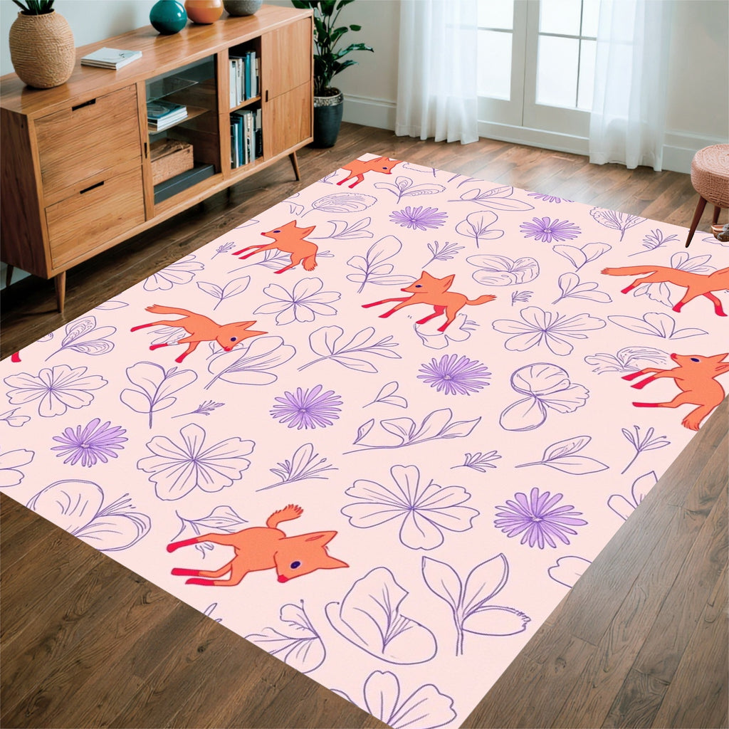Playful Fox and Floral Pattern Rug