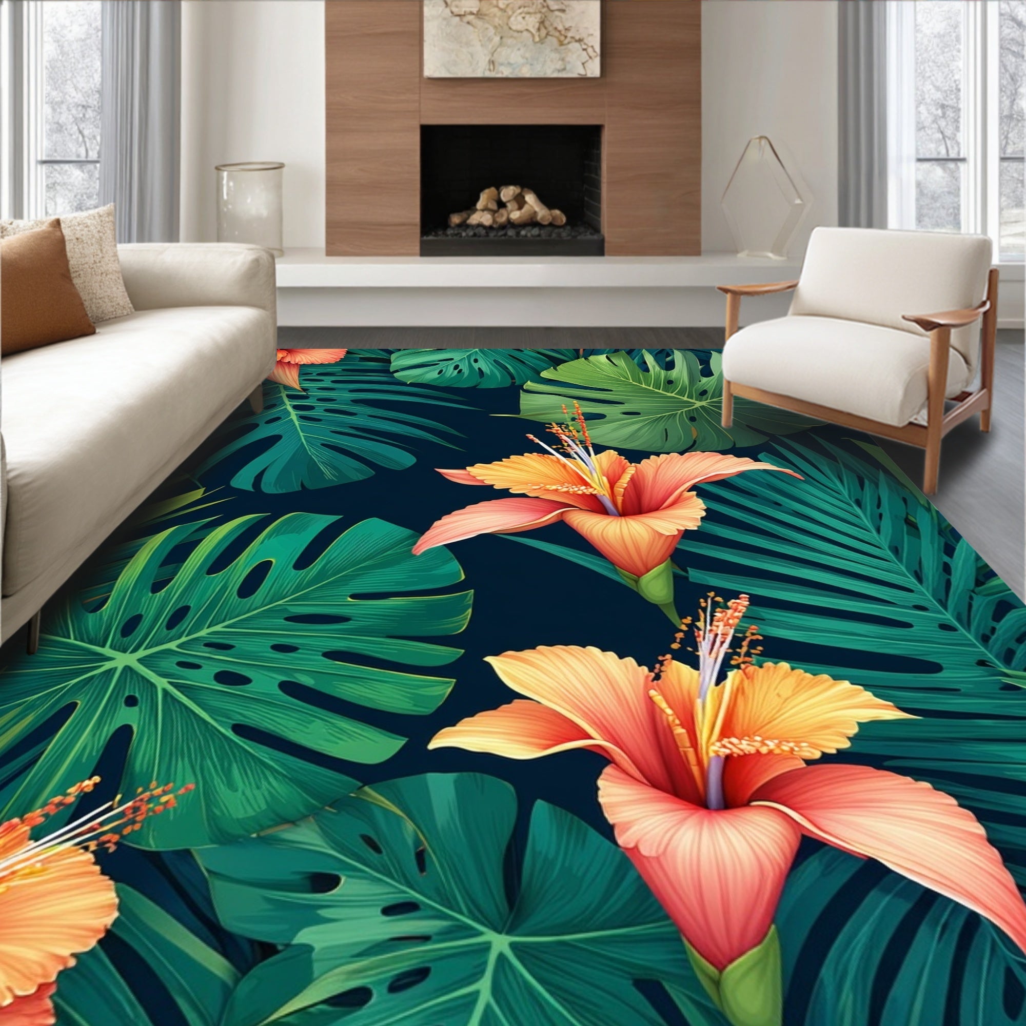Tropical Hibiscus Leaves Pattern Rug