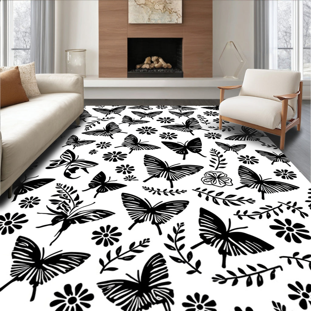 Black Butterfly Floral Pattern Rug