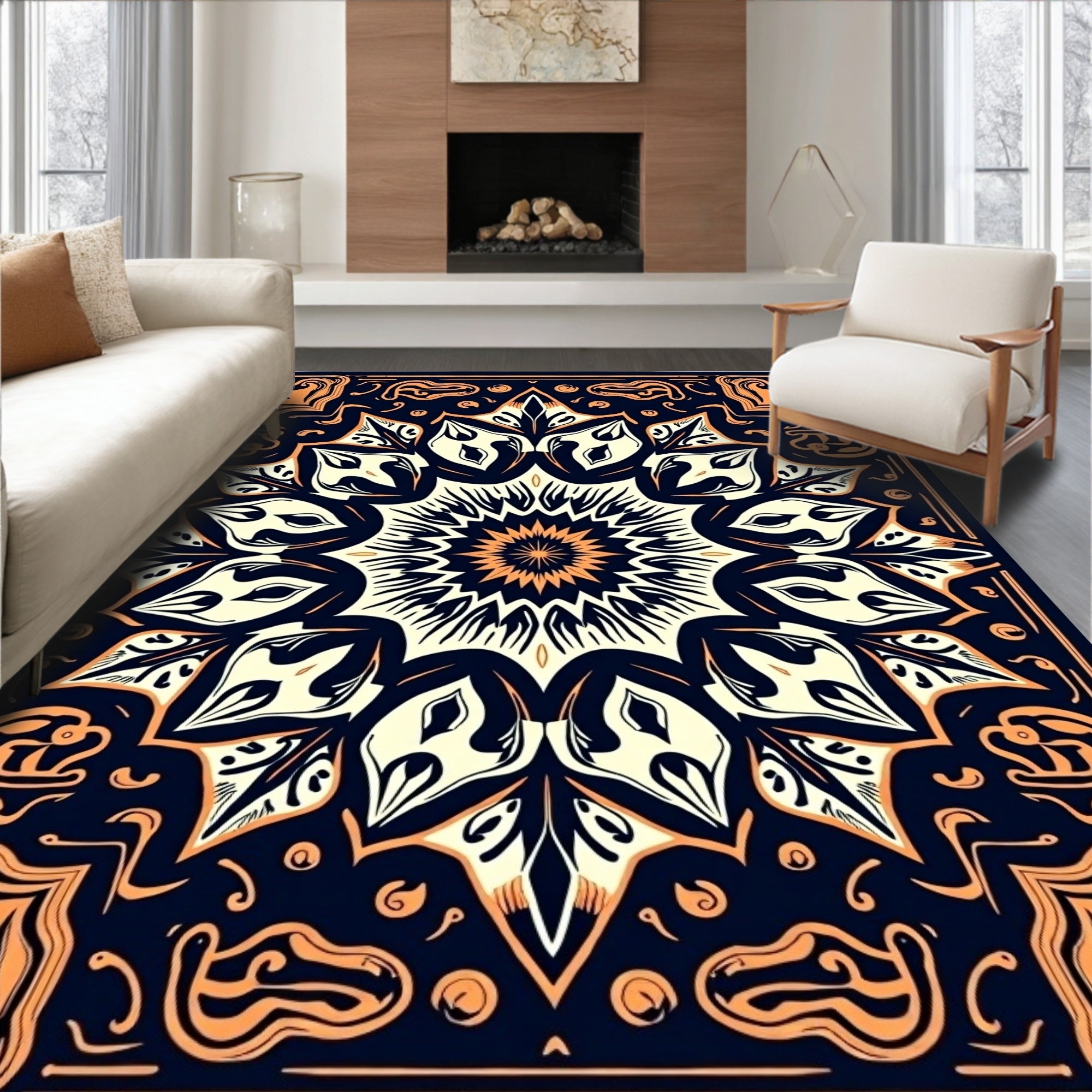 Navy Orange Floral Medallion Rug