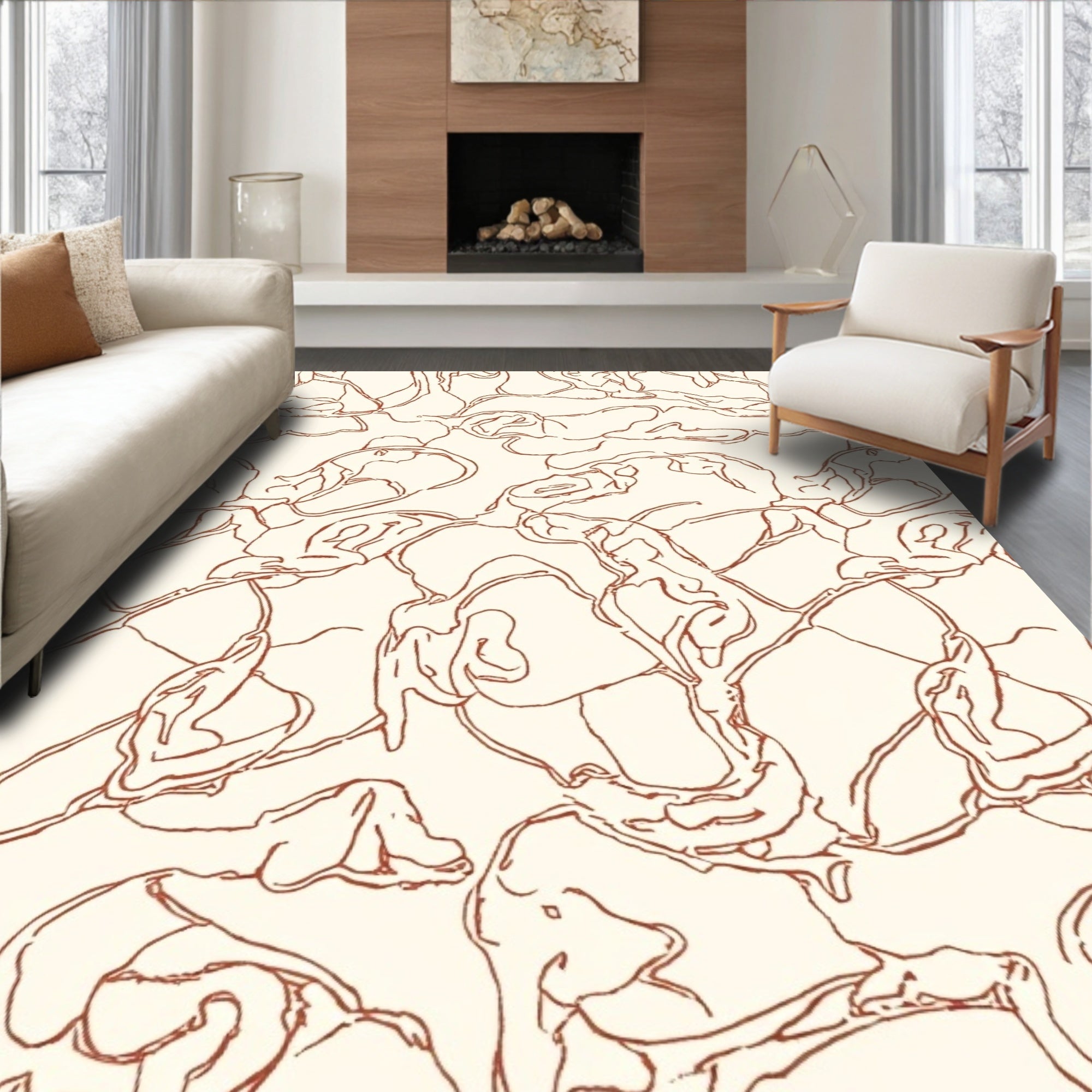 Abstract Swirl Cream Rust Design Rug