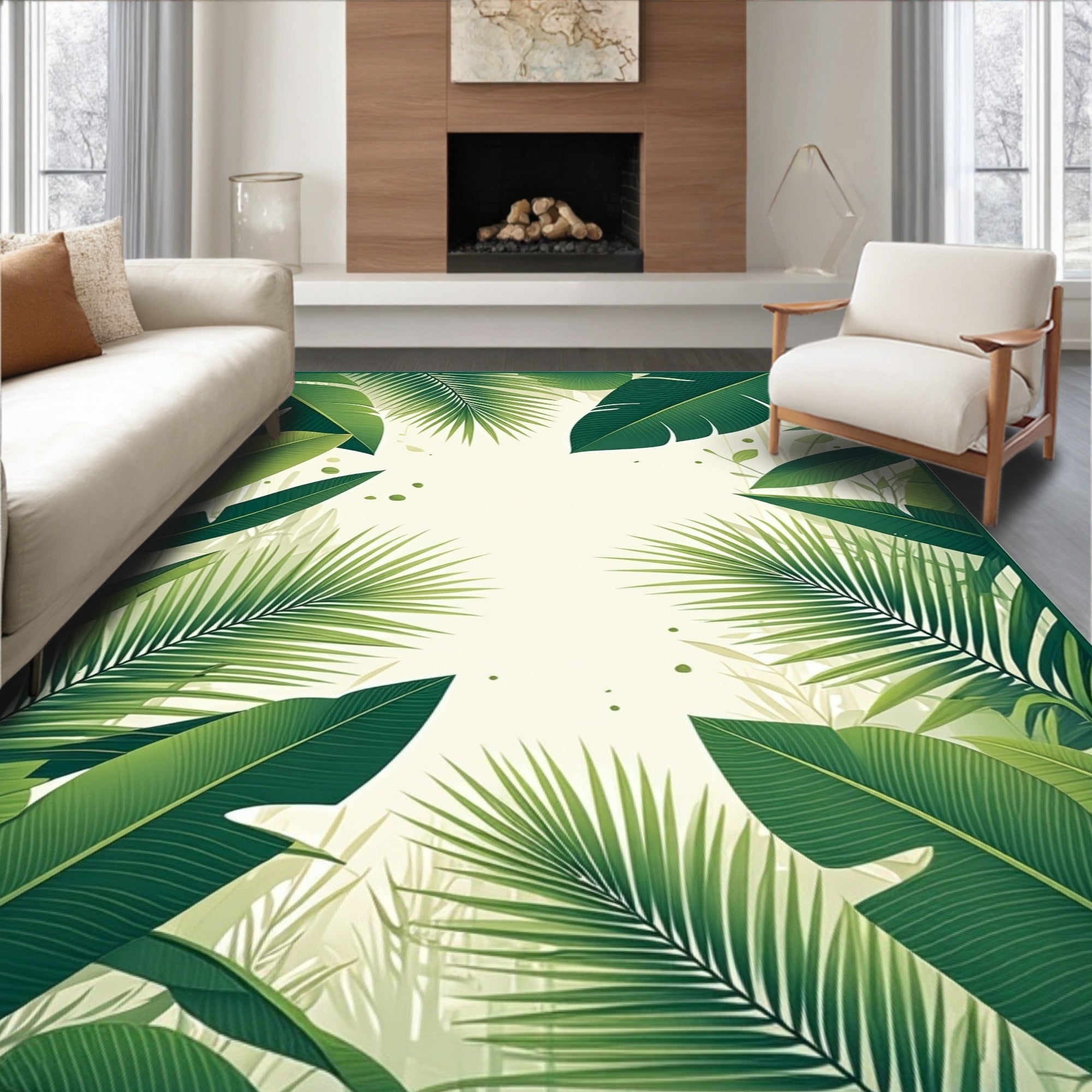 Tropical Green Leaf Pattern Rug