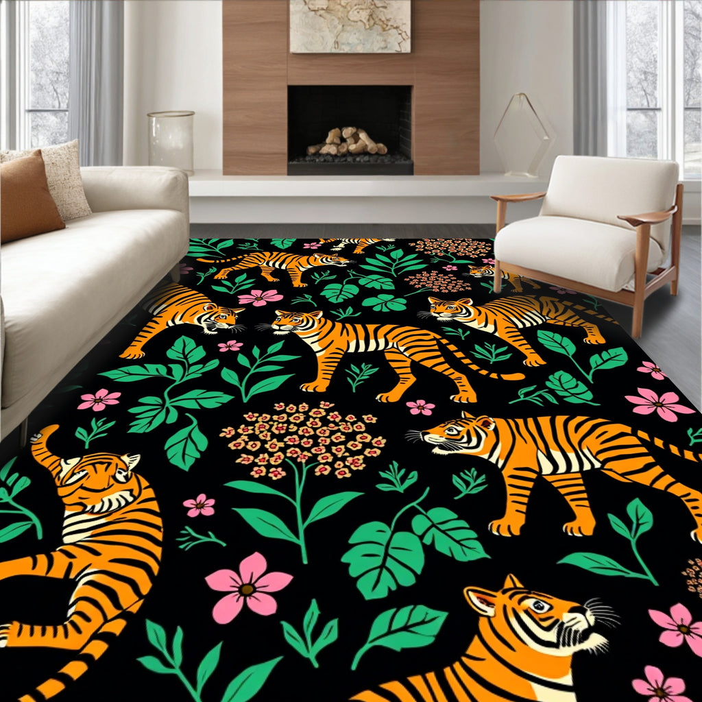 Vibrant Tiger Floral Jungle Pattern Rug