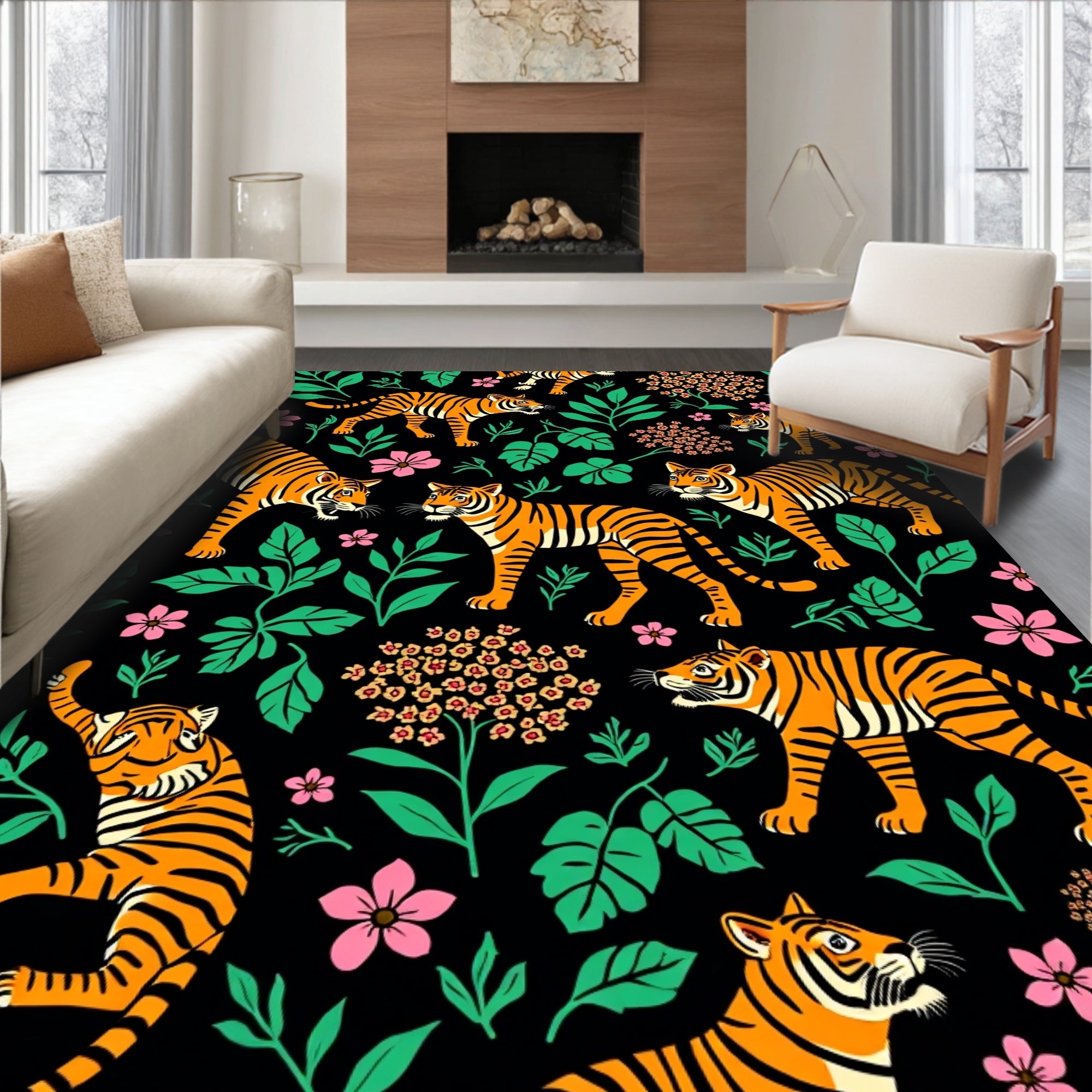 Vibrant Tiger Floral Jungle Pattern Rug