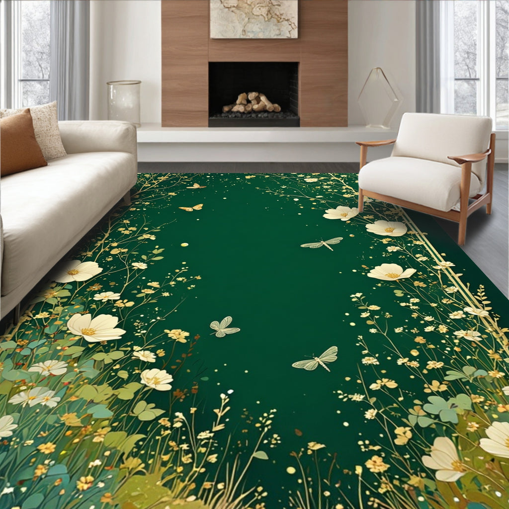Whimsical Floral Meadow With Butterflies Rug