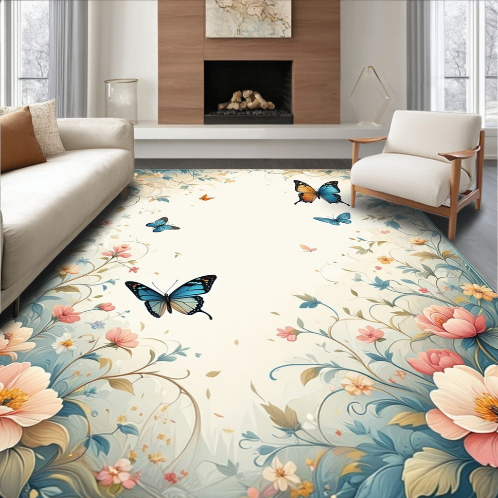 Pastel Floral Butterfly Garden Scenic Rug