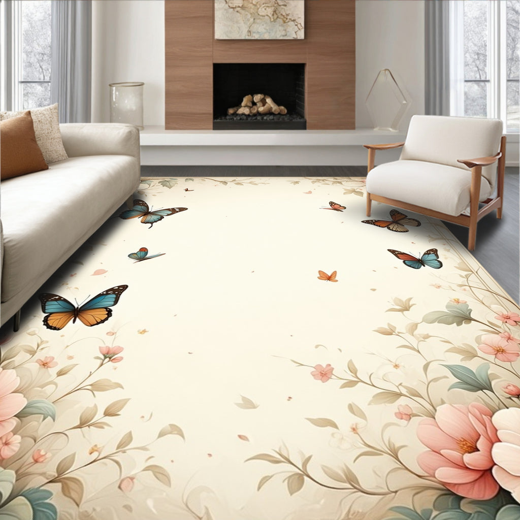 Floral Butterfly Garden Delicate Pattern Rug