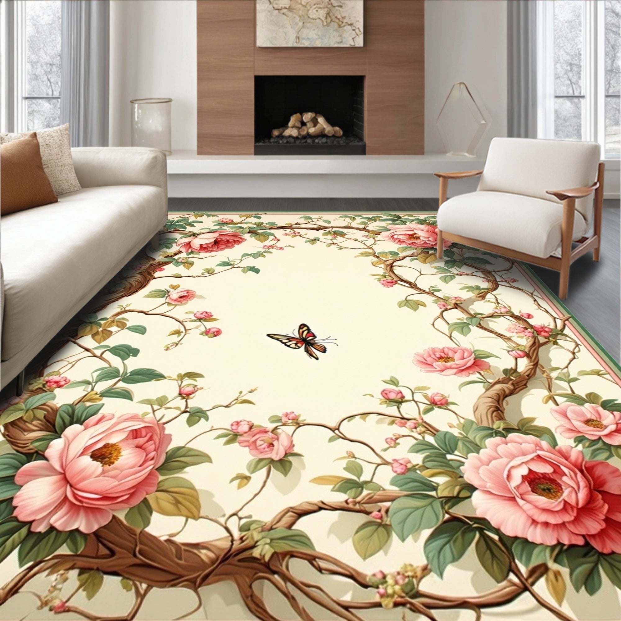 Floral Vine With Butterfly Motif Rug