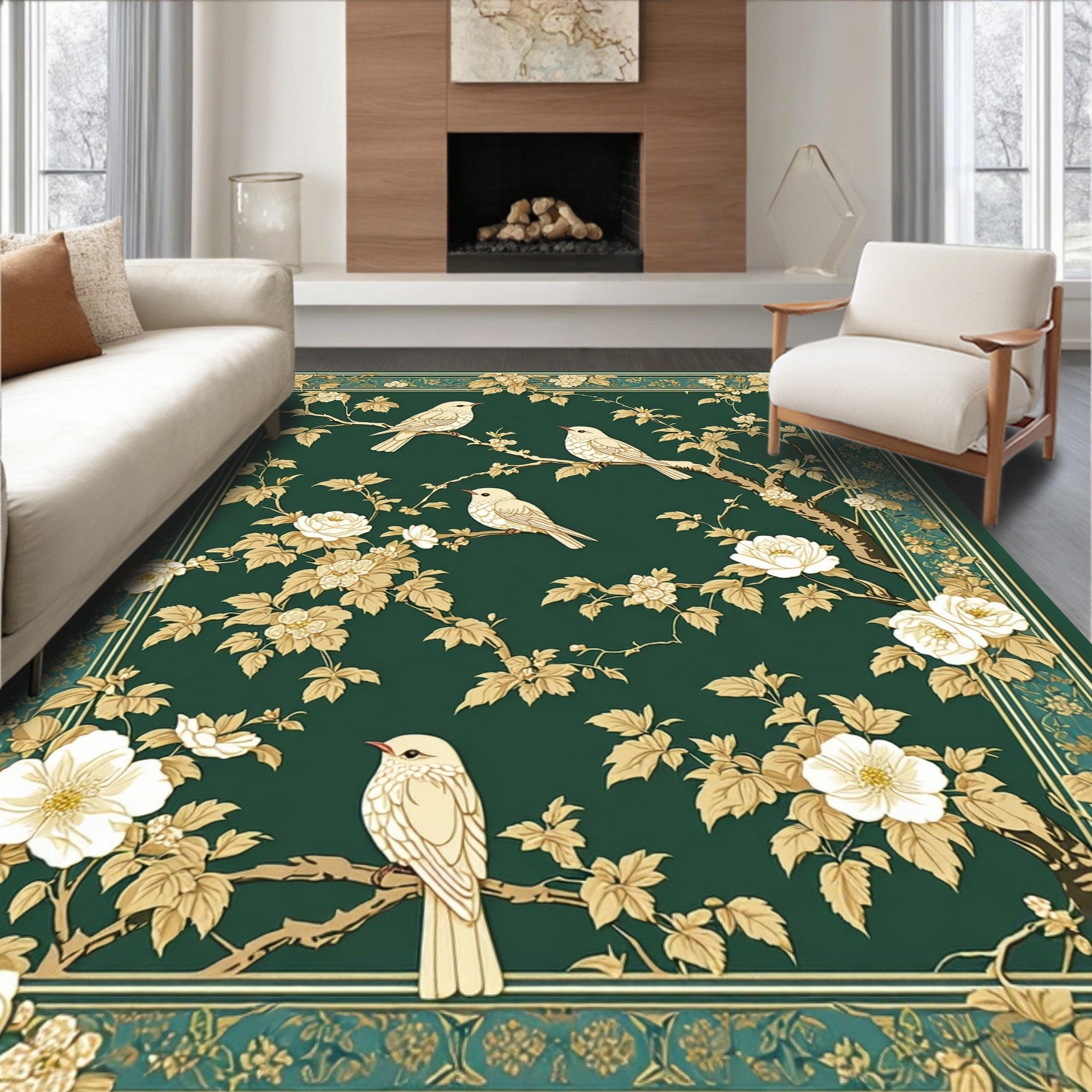 Emerald Bird Floral Garden Pattern Rug