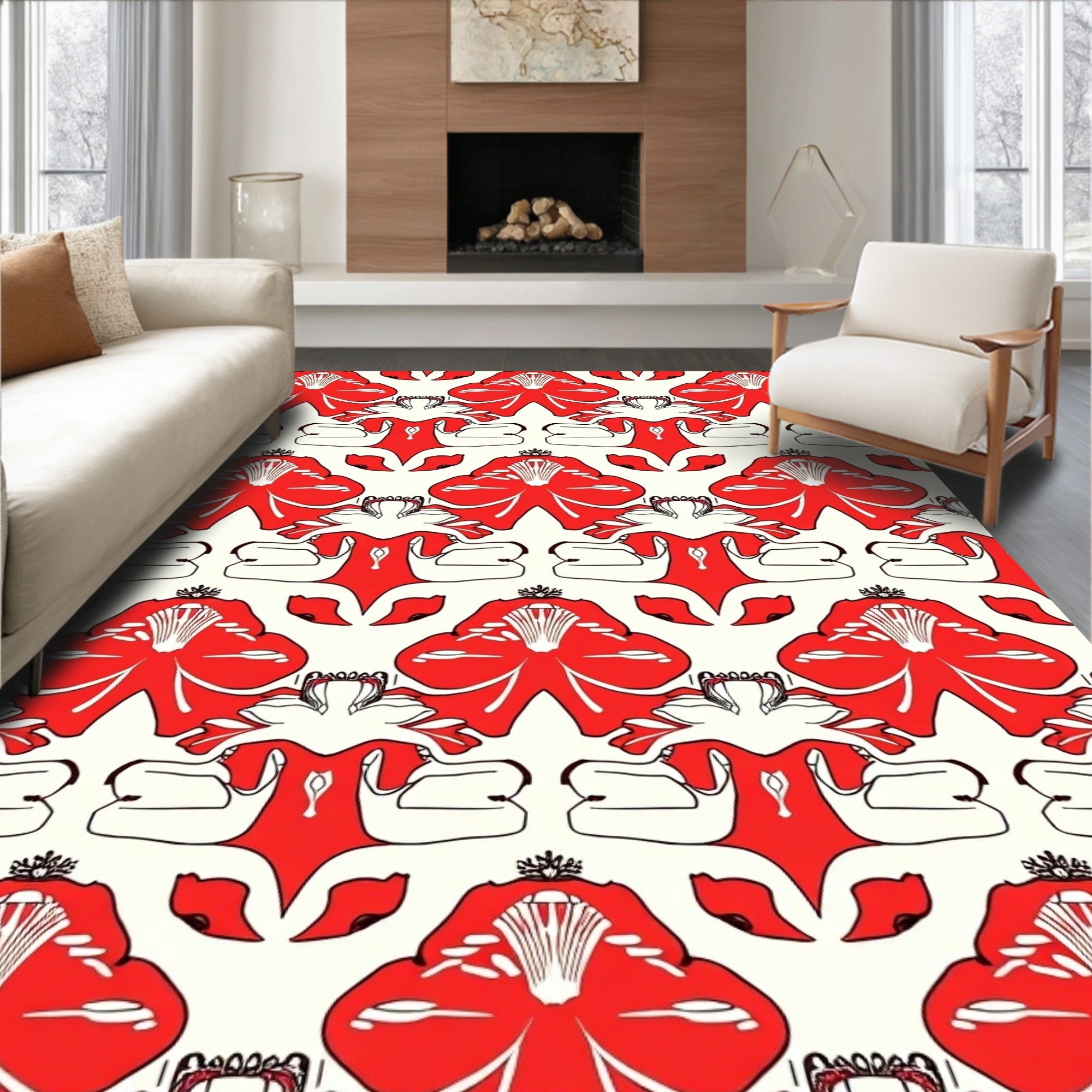 Red Floral Symmetry Pattern Rug