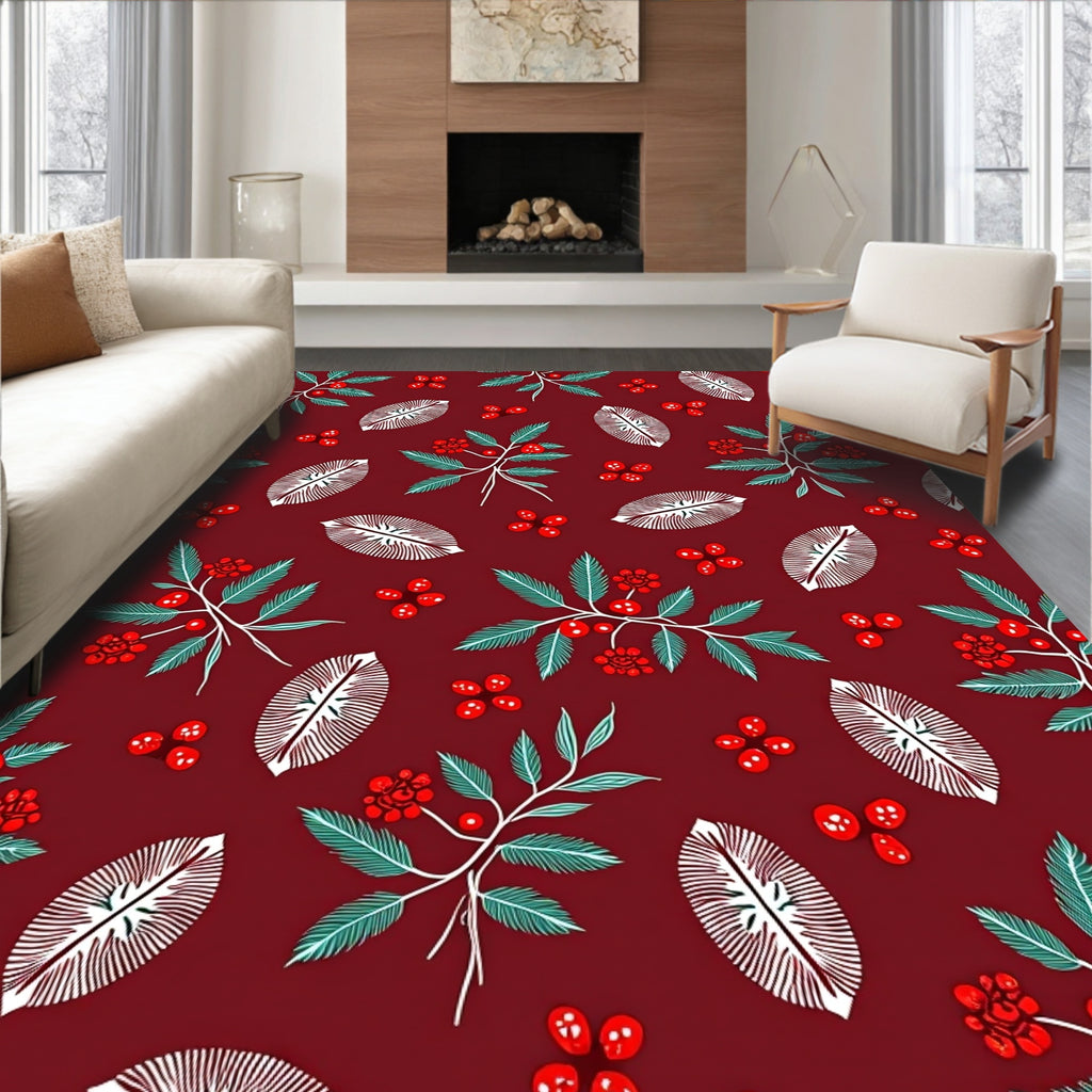 Festive Red Berry Branches Botanical Rug