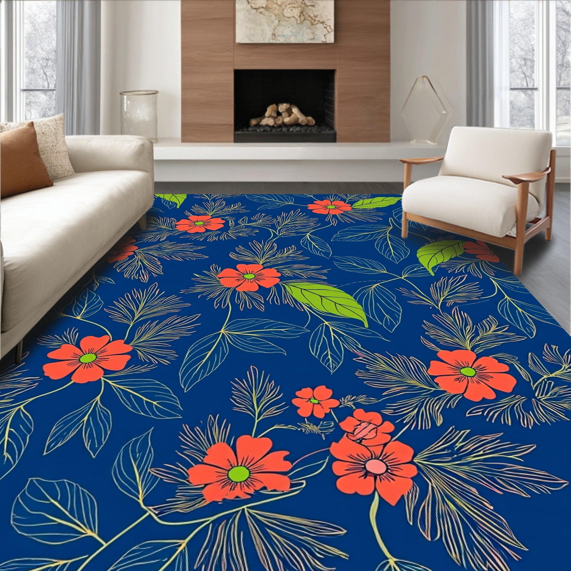 Coral Flower Green Leaf Pattern Rug