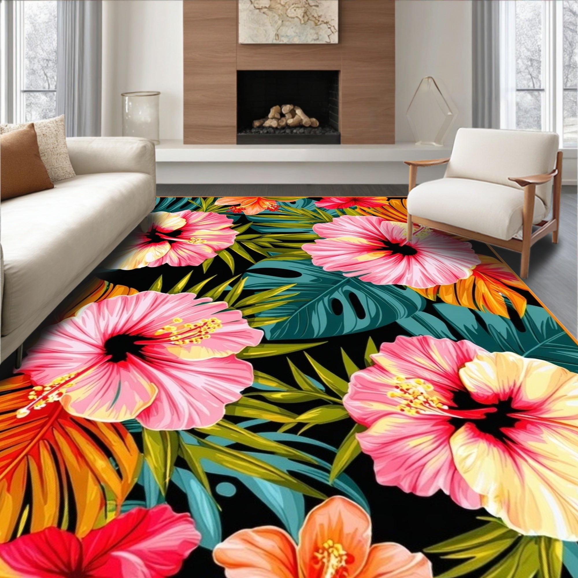 Tropical Hibiscus Palm Leaf Design Rug