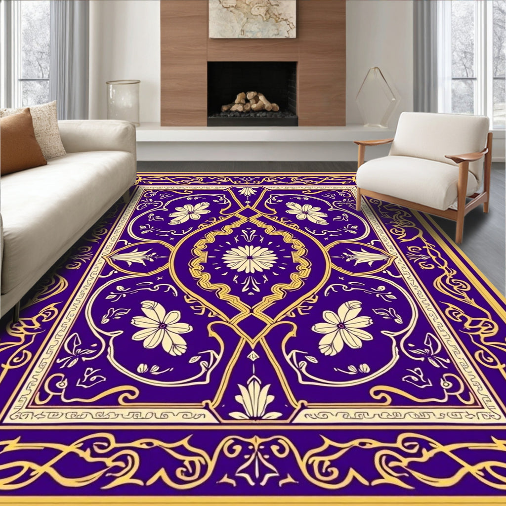 Ornate Floral Symmetry Gold Blue Rug