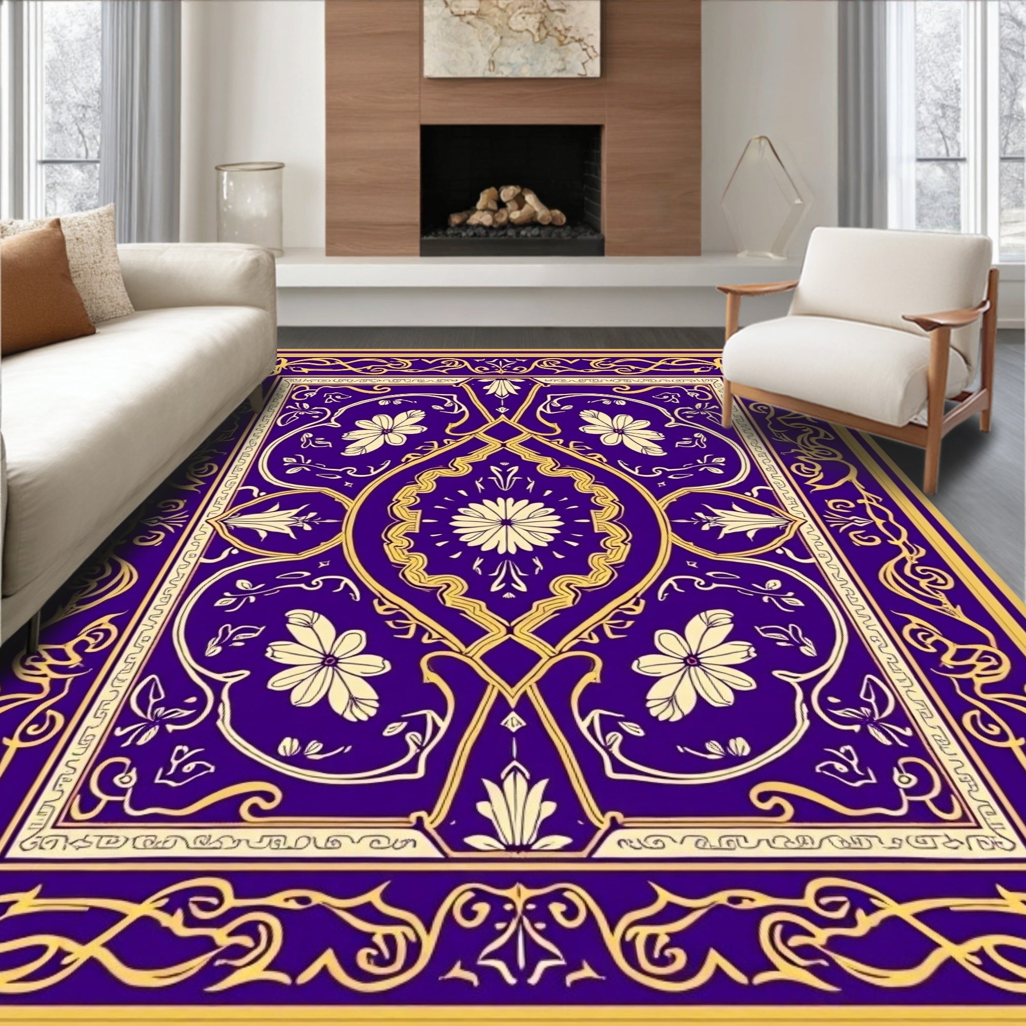 Ornate Floral Symmetry Gold Blue Rug