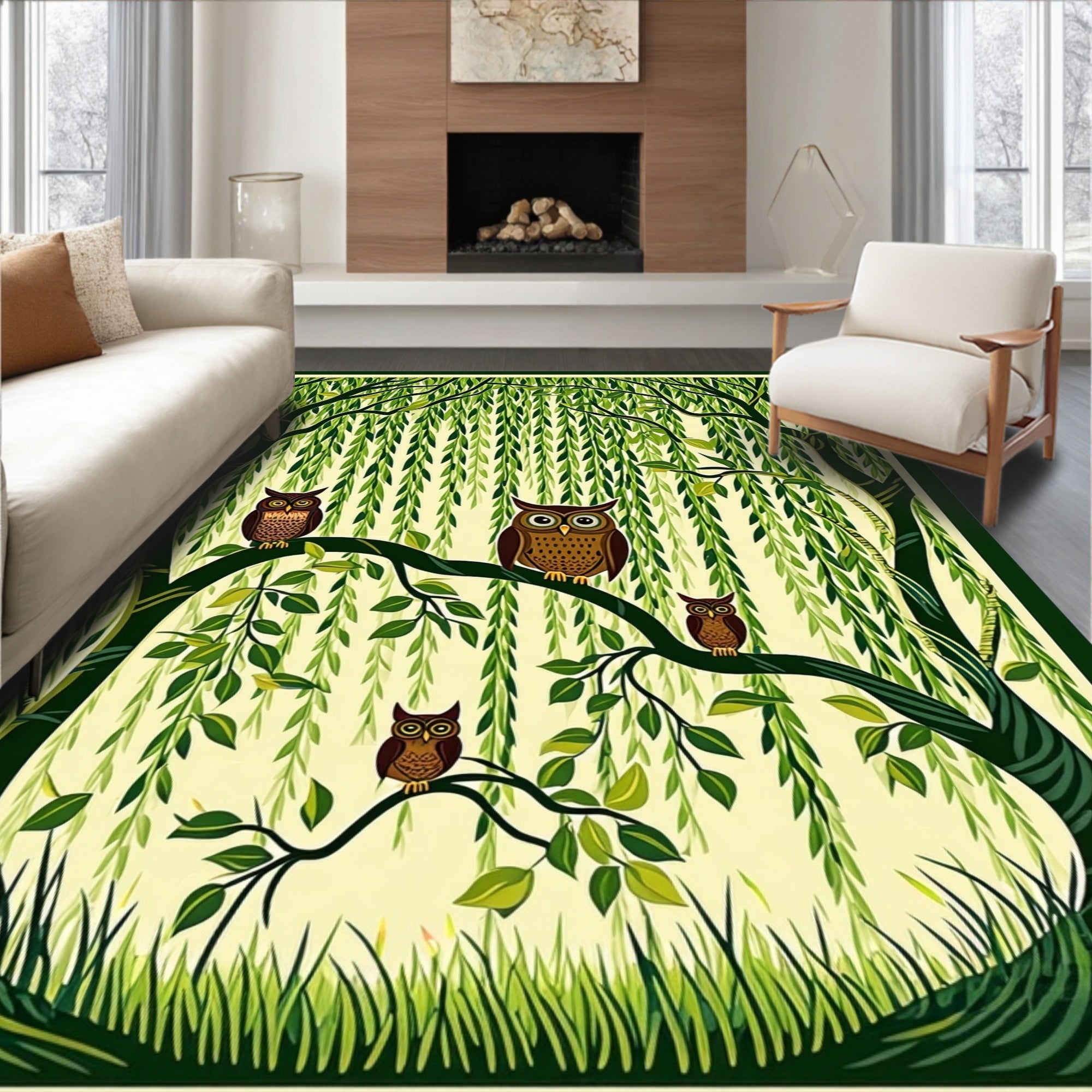 Whimsical Owl Family Forest Scene Rug