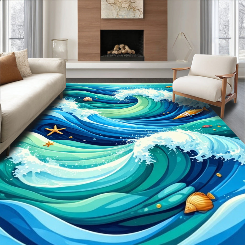 Vibrant Ocean Waves with Marine Life Rug