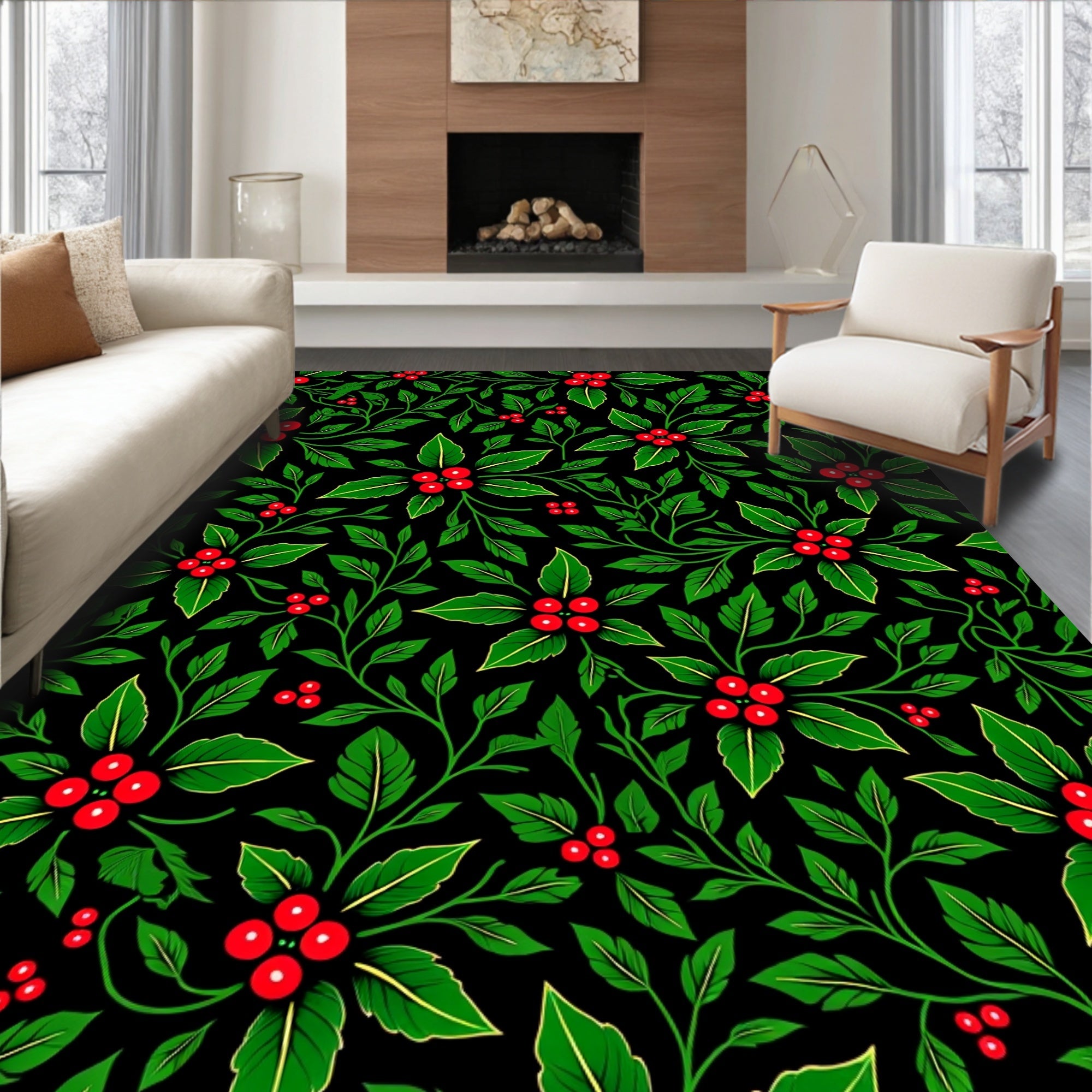 Festive Green Red Holly Botanical Rug
