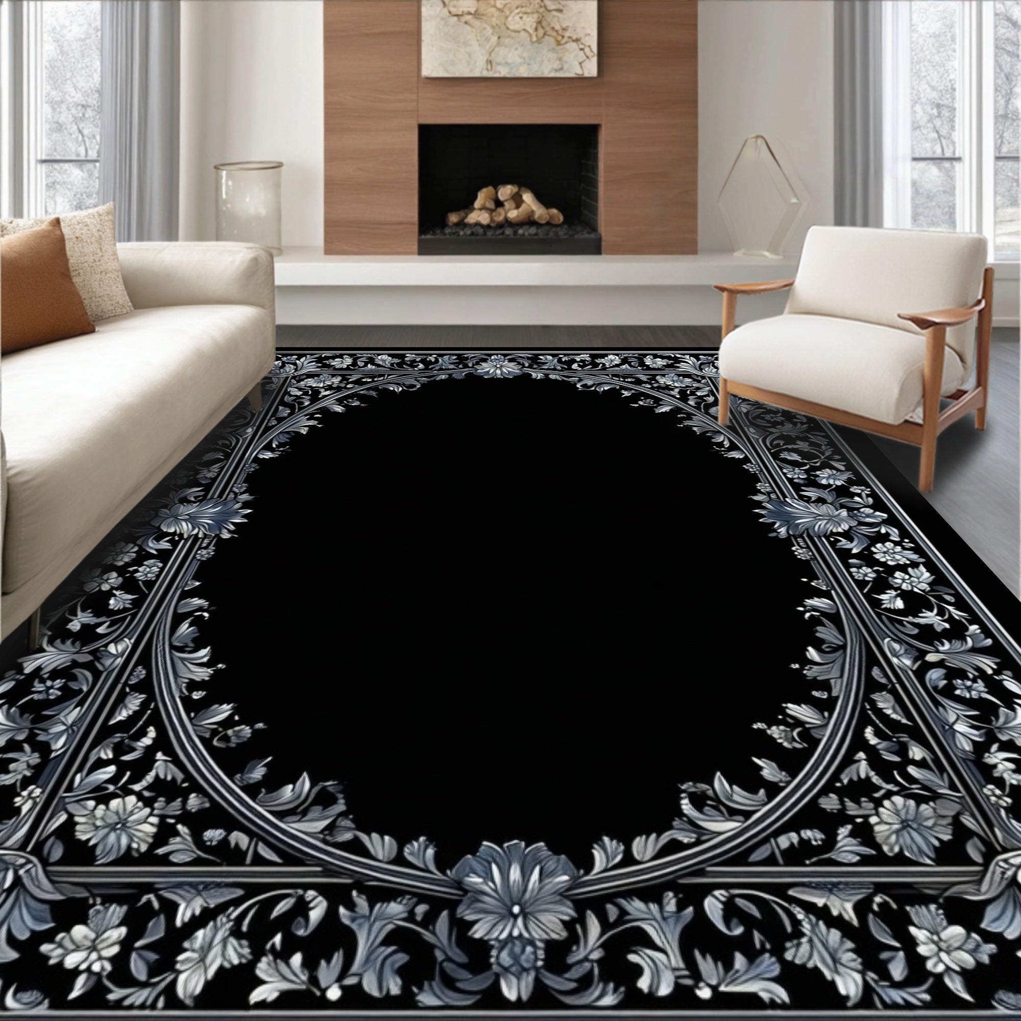 Ornate Floral Scrollwork Frame Design Rug