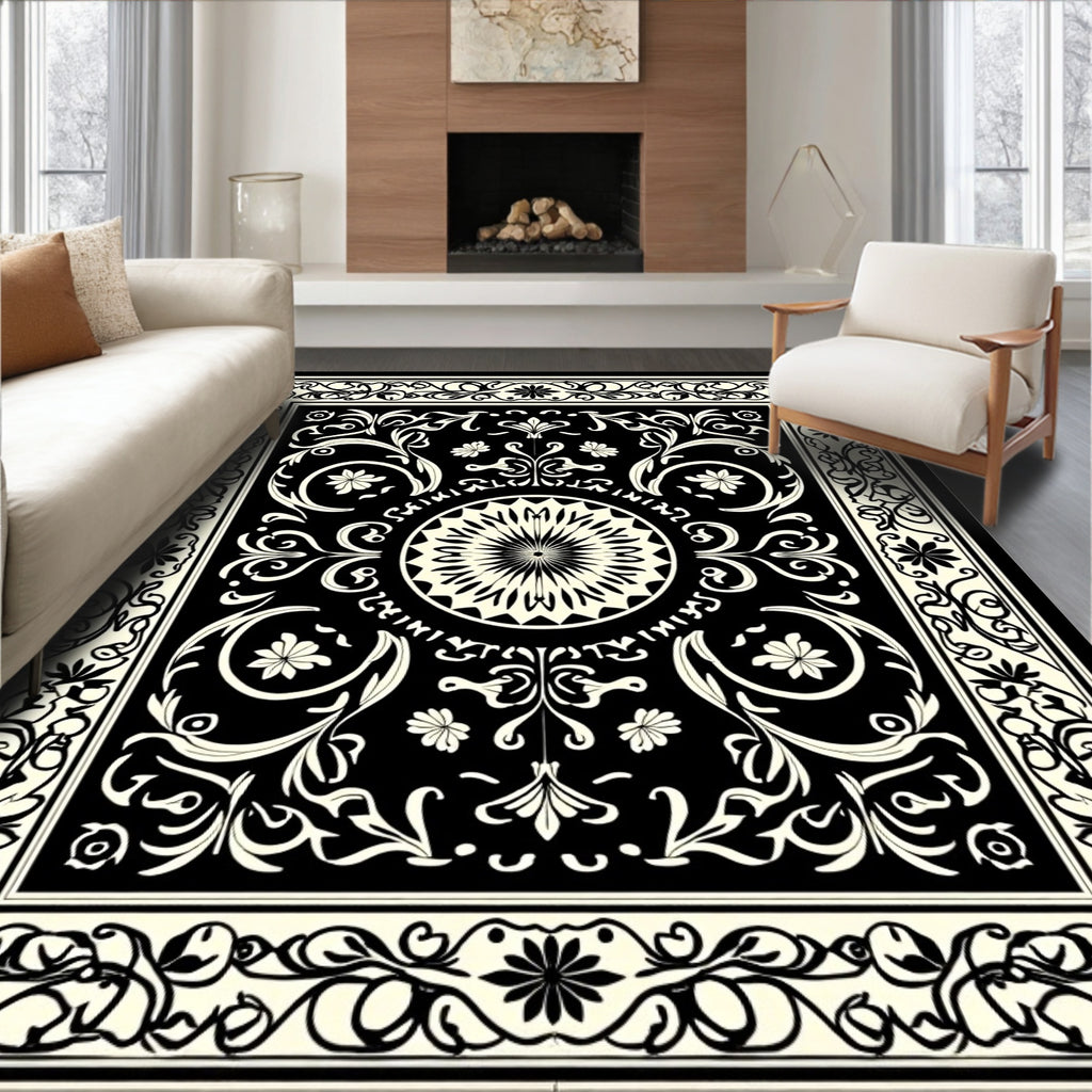 Intricate Floral Scrollwork Black and Cream Rug