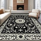 Intricate Floral Scrollwork Black and Cream Rug
