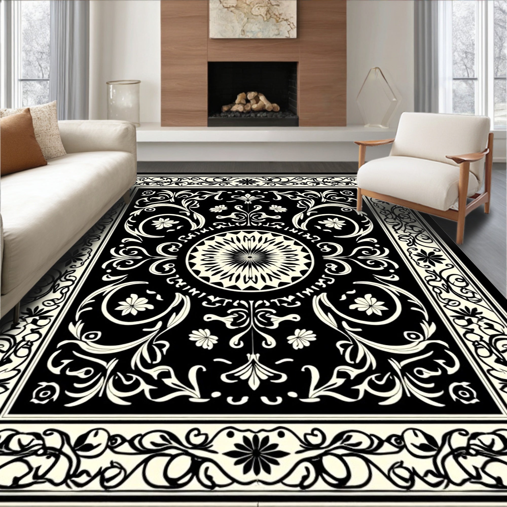 Intricate Floral Scrollwork Black and Cream Rug