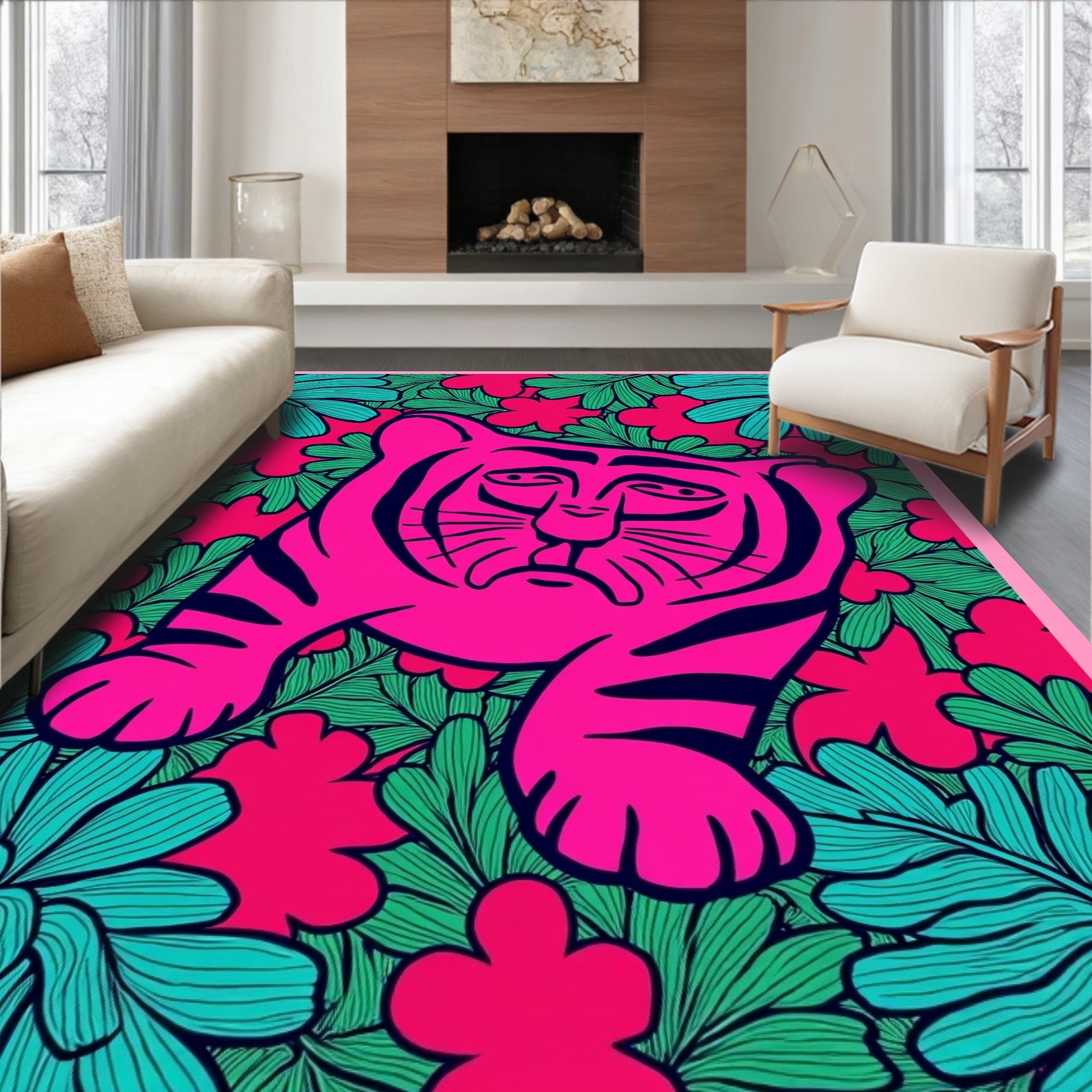 Vibrant Pink Tiger Floral Pattern Rug