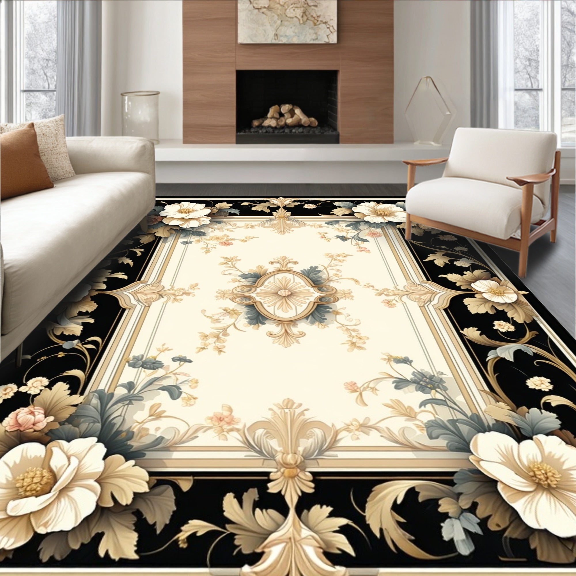 Ornate Floral Scrollwork Patterned Rug