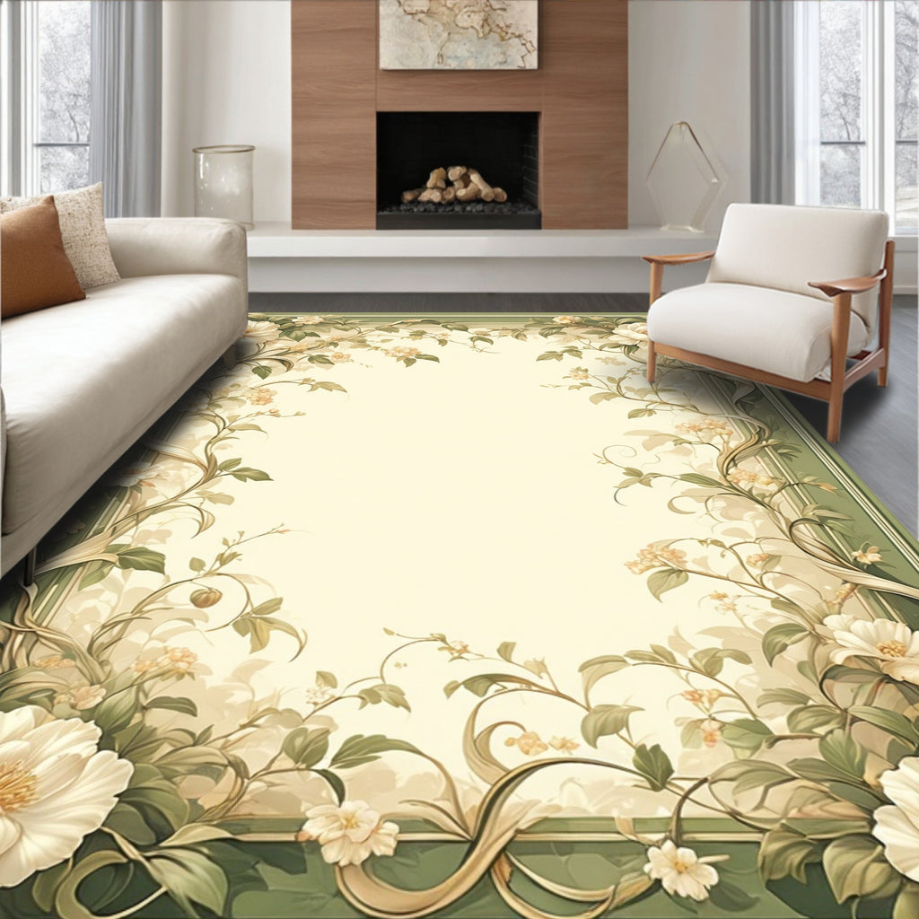 Elegant Floral Vine Cream Border Rug