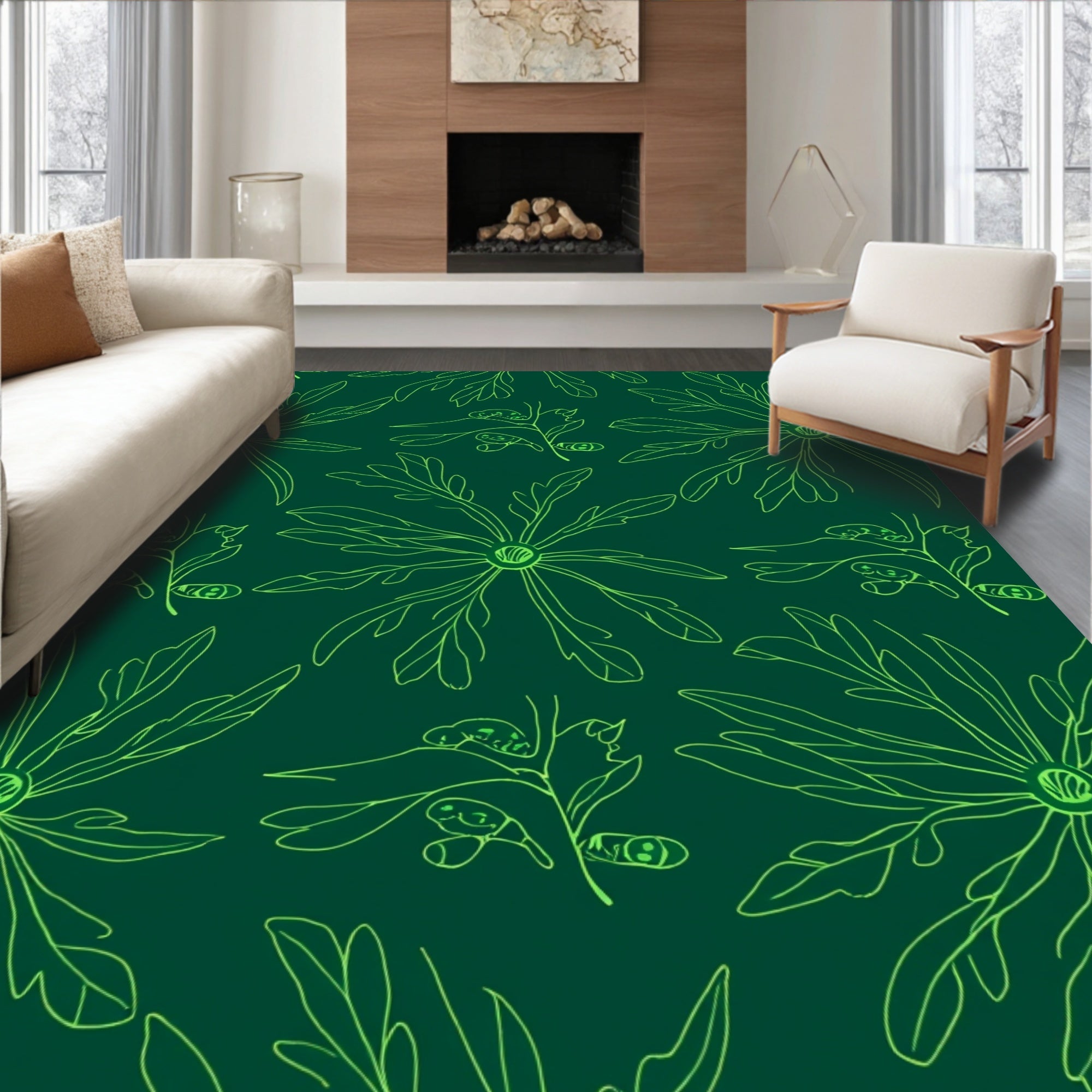 Vine And Floral Pattern Outline Rug