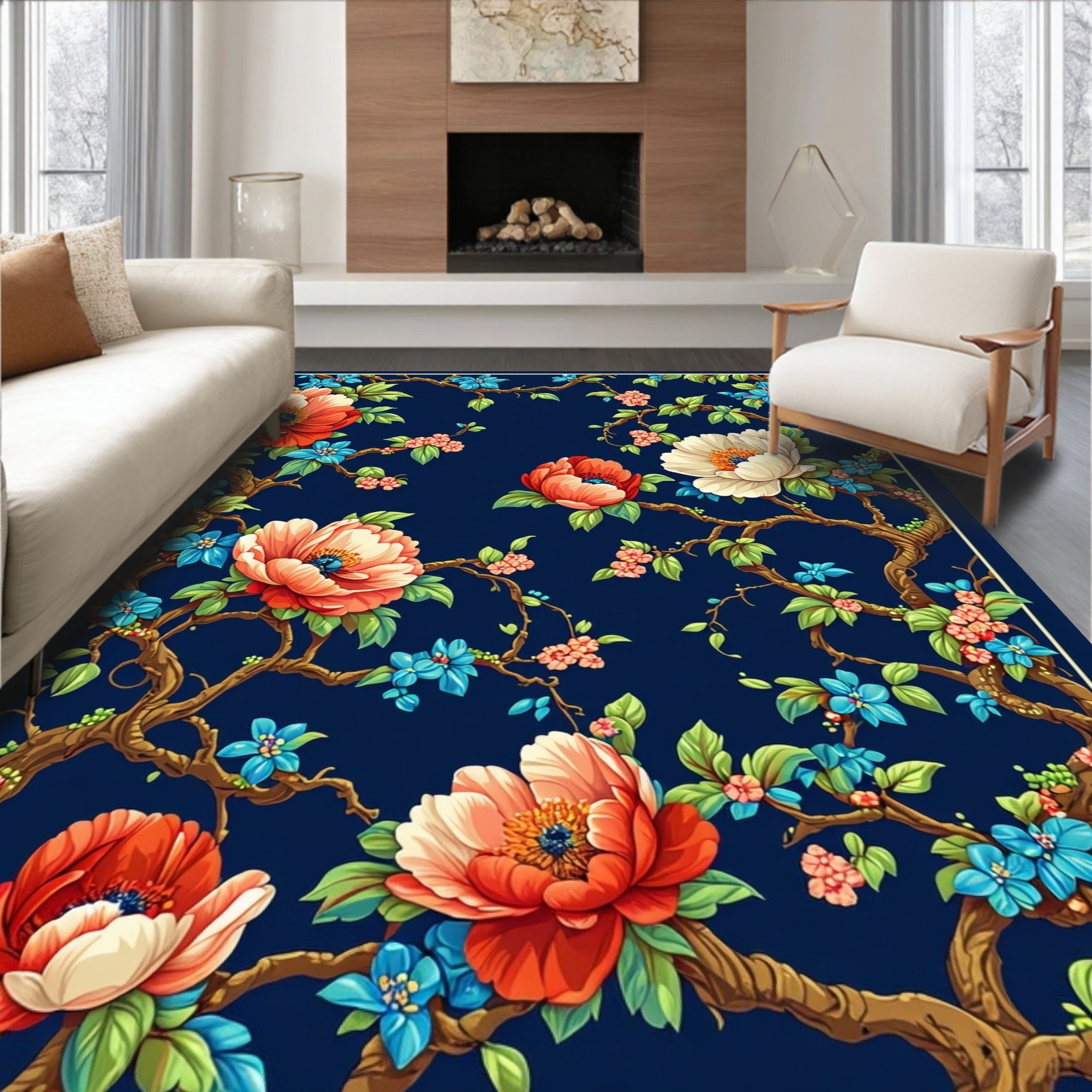 Vibrant Floral Branch Pattern Rug