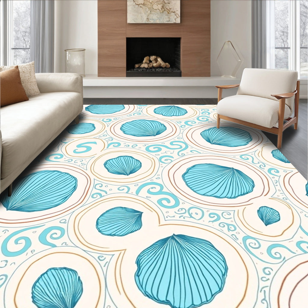 Coastal Blue Shells Swirls Pattern Rug