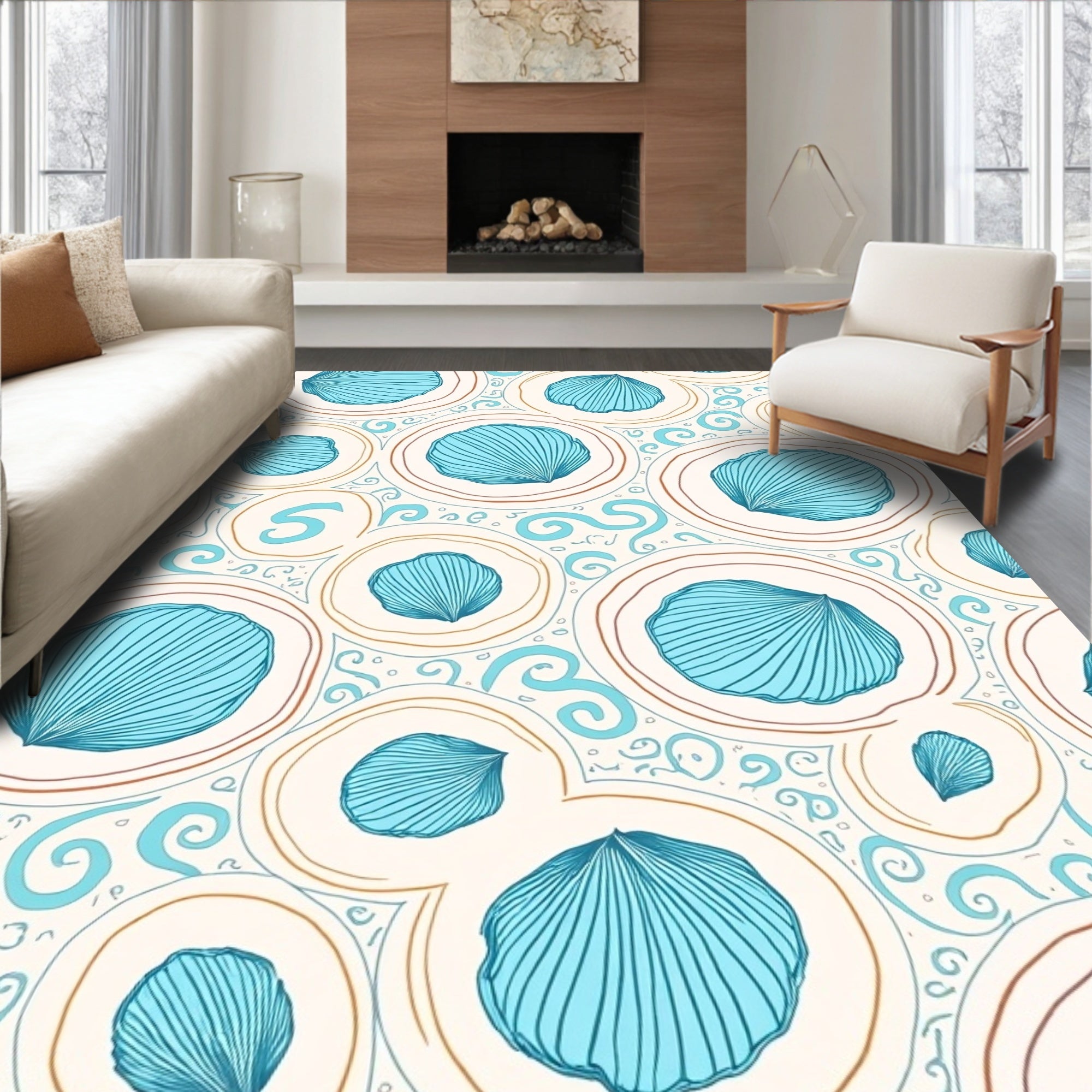 Coastal Blue Shells Swirls Pattern Rug