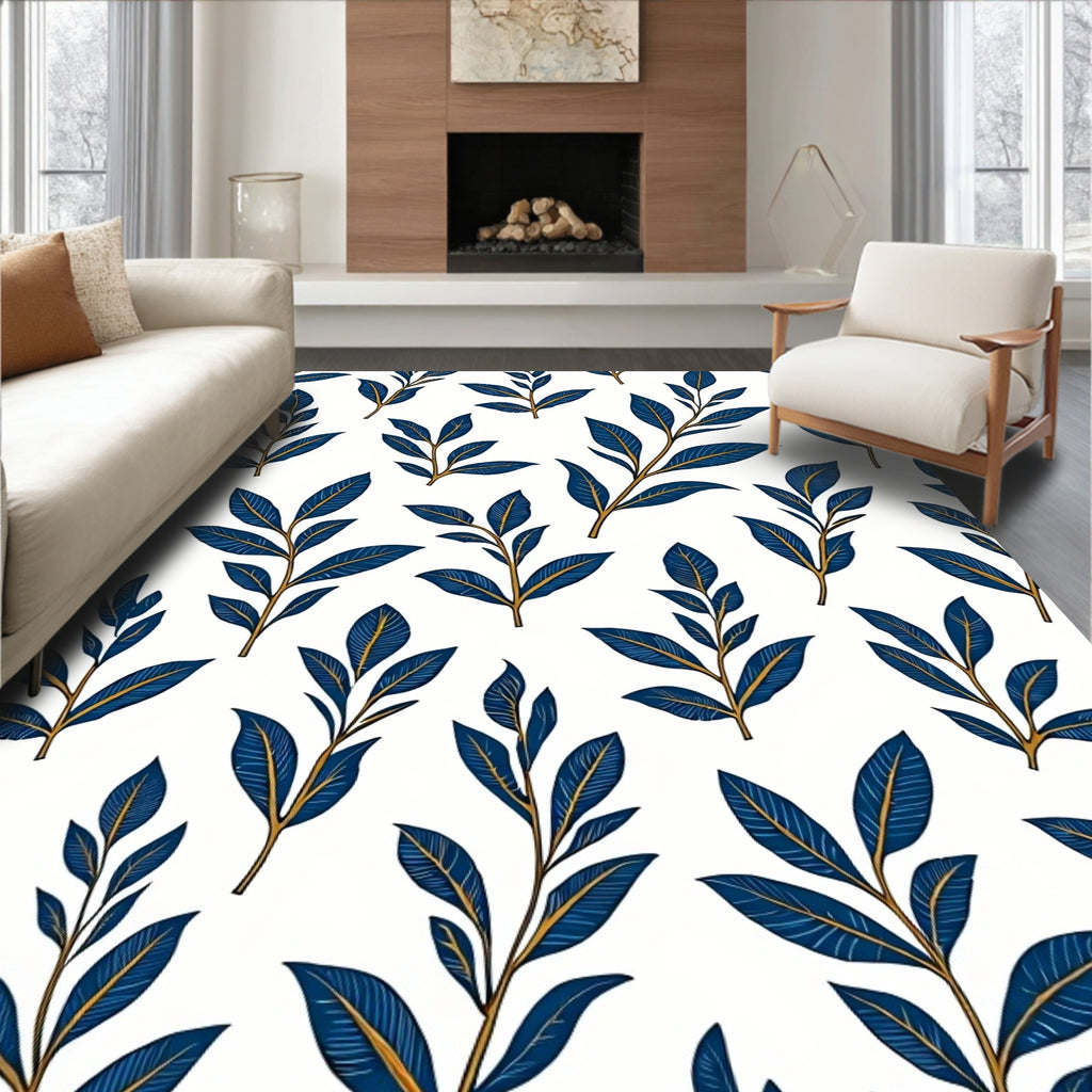 Classic Blue Leaf Botanical Pattern Rug