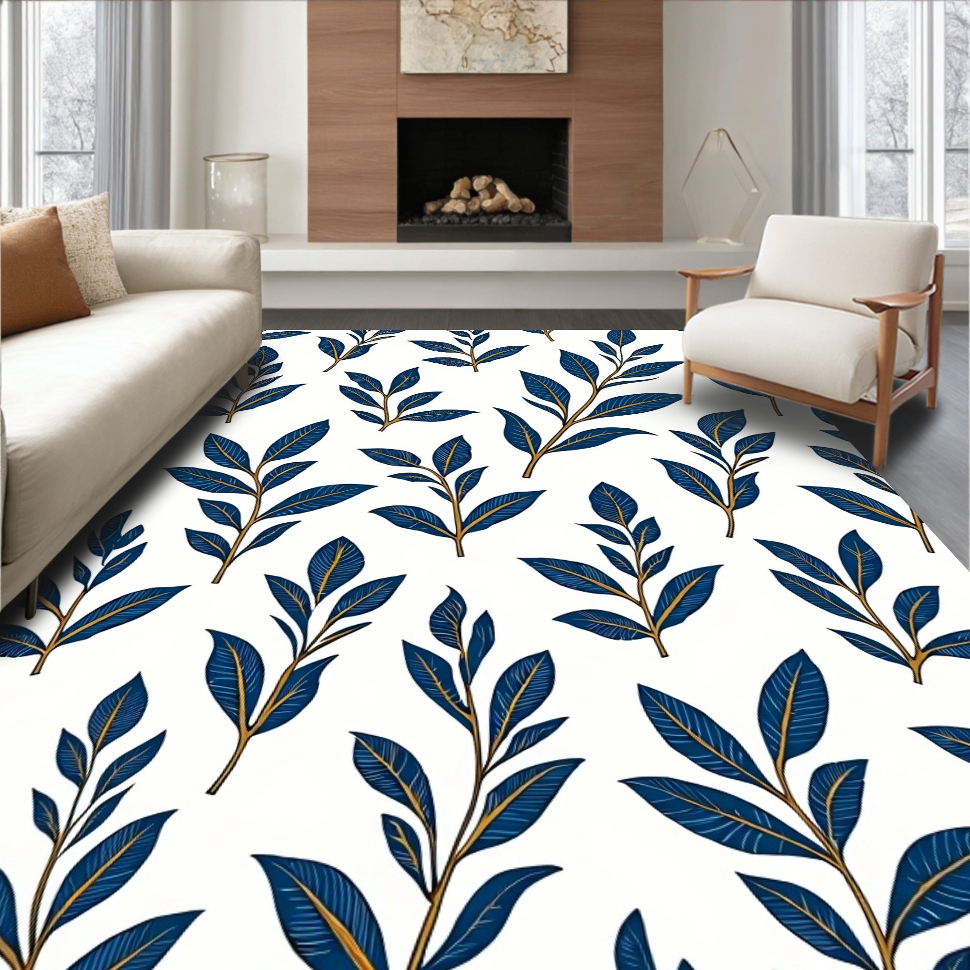 Classic Blue Leaf Botanical Pattern Rug
