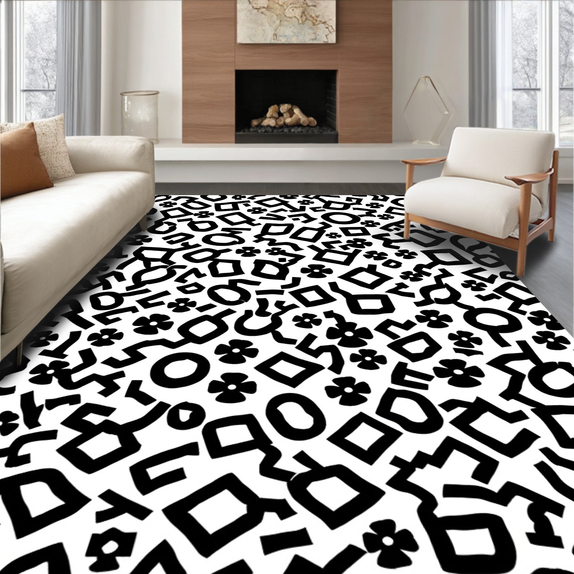 Abstract Black White Playful Shapes Rug