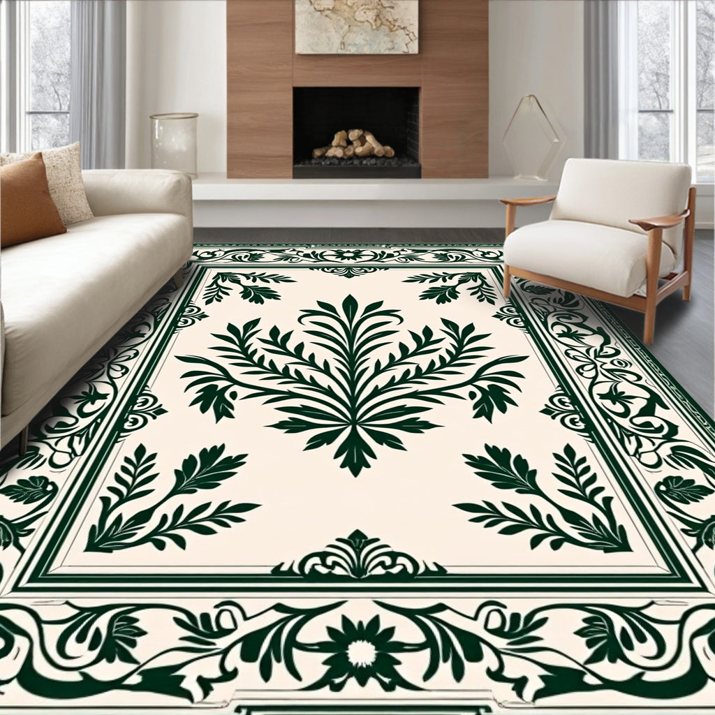 Elegant Dark Green Floral Scroll Pattern Rug