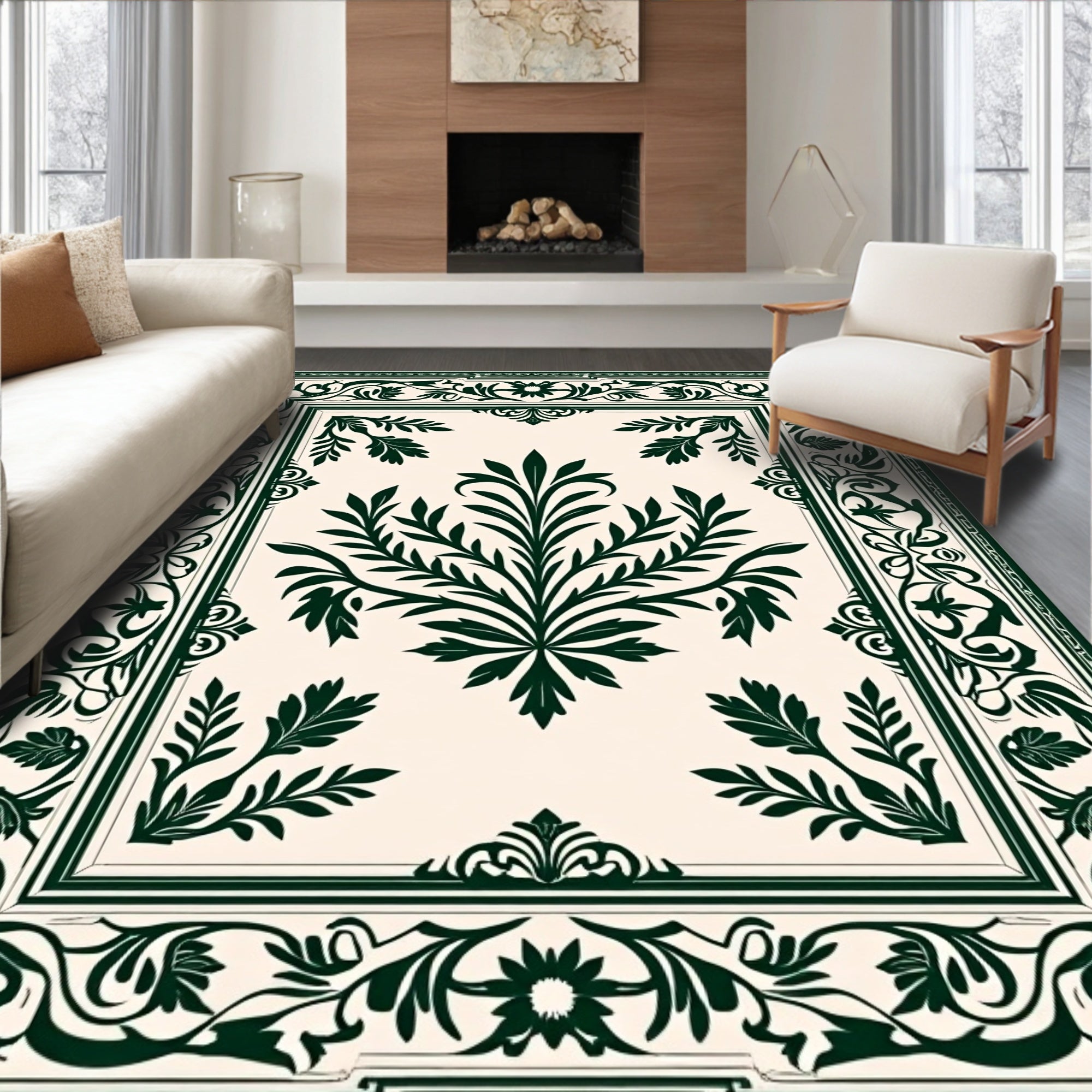 Elegant Dark Green Floral Scroll Pattern Rug