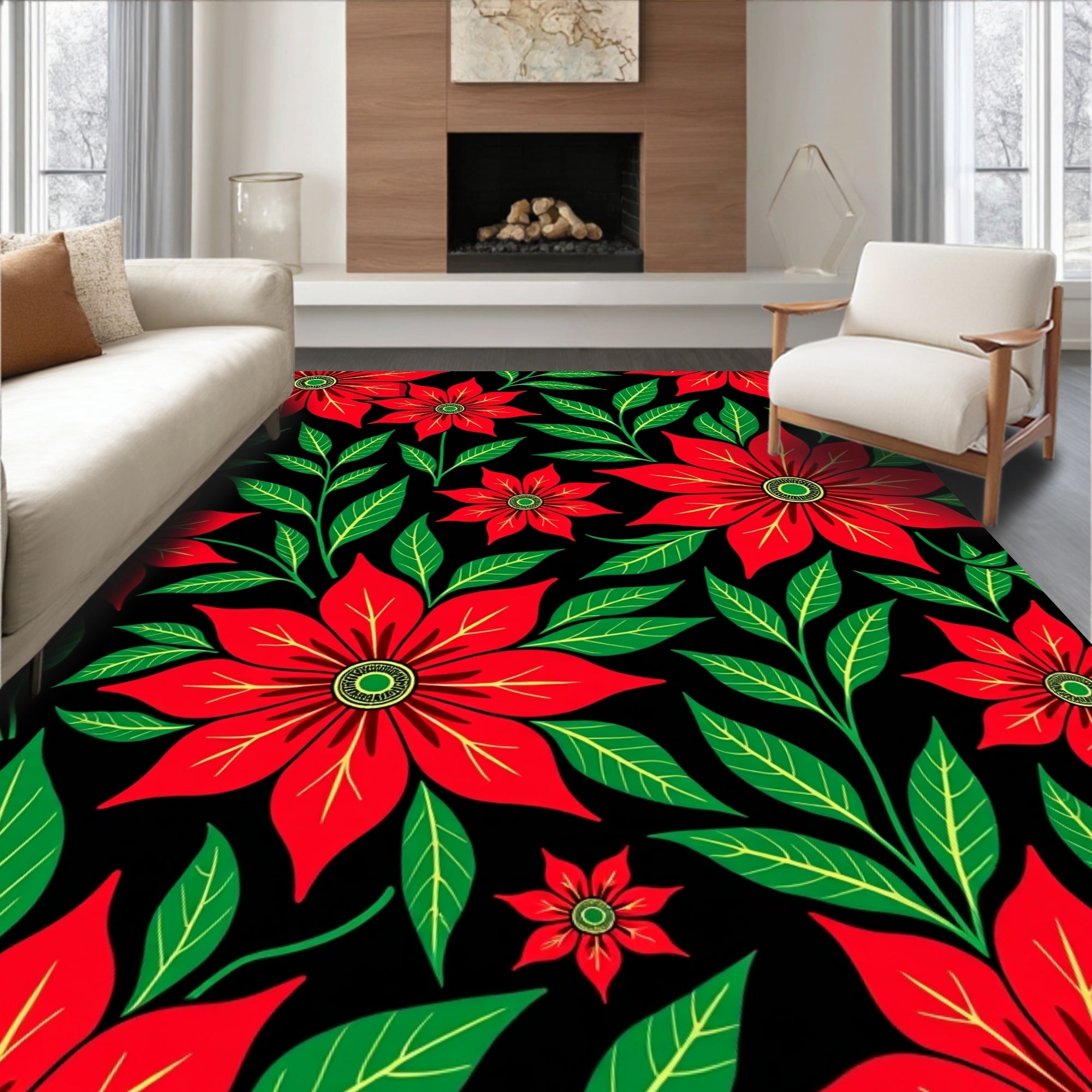 Bold Red Floral Vine Garden Rug