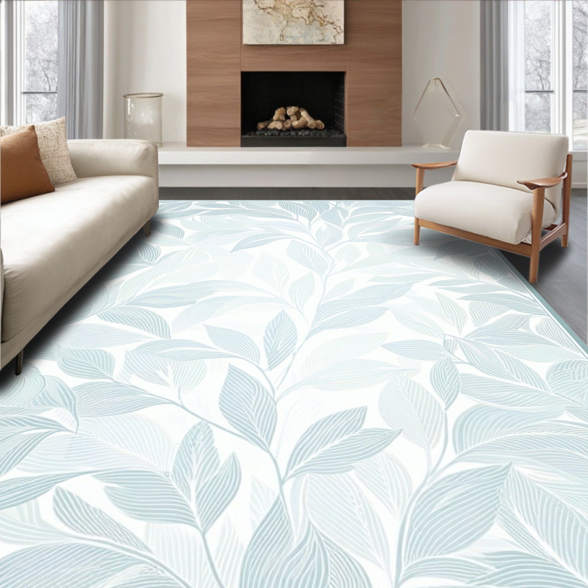 Light Blue Leaf Patterned Design Rug